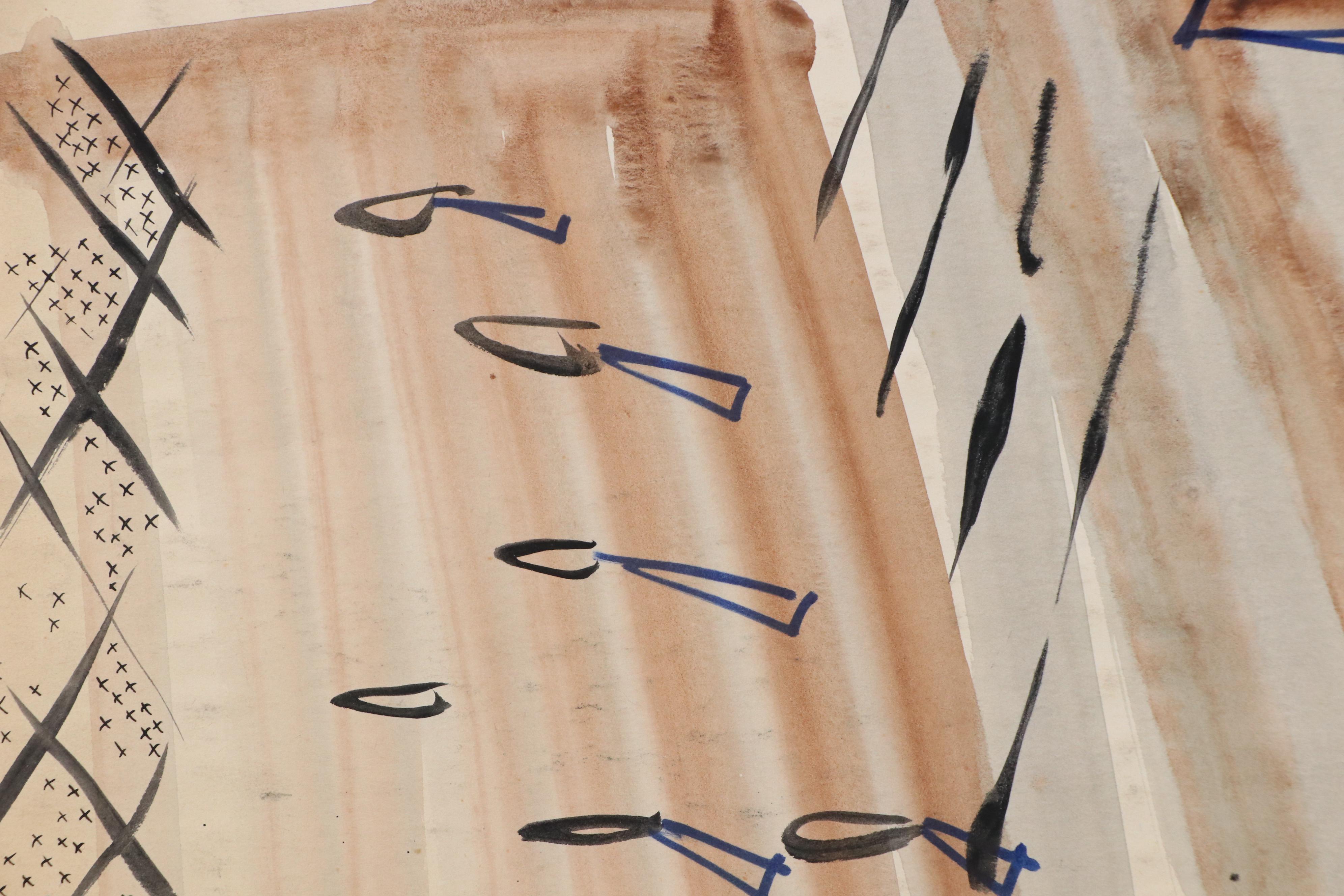 Fred R. Schwartz Stylized Watercolor Painting of Dock with Boats, Mid-20th C.