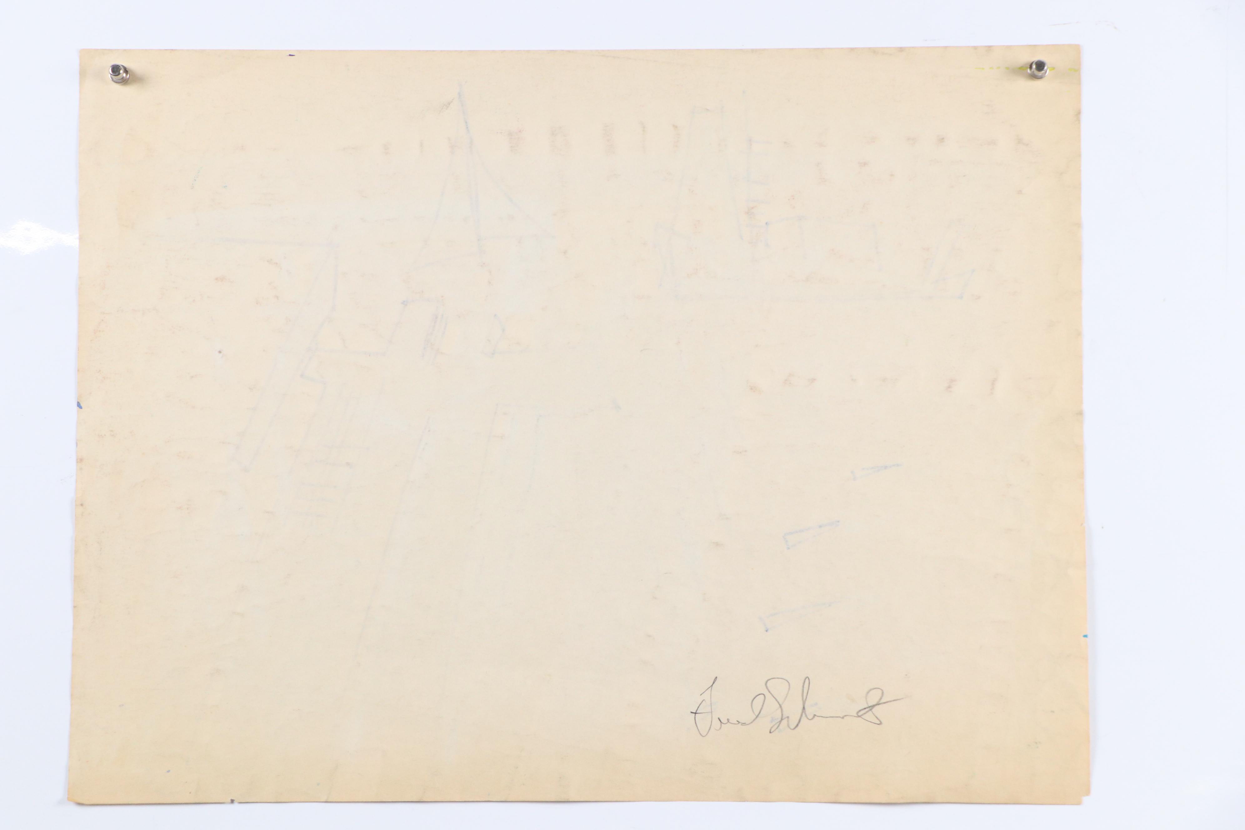 Fred R. Schwartz Stylized Watercolor Painting of Dock with Boats, Mid-20th C.