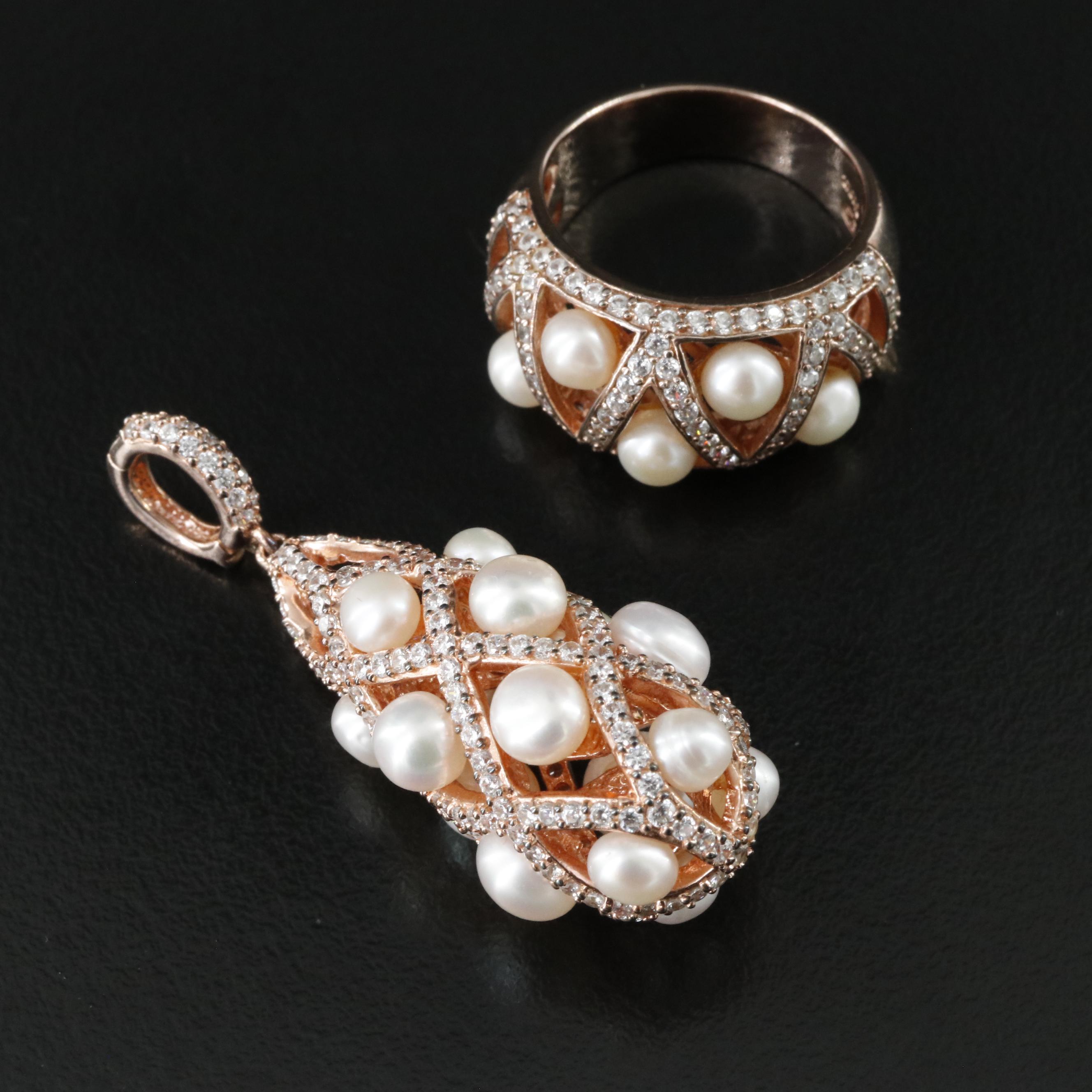 Sterling Pearl and CZ Pendant and Ring Set