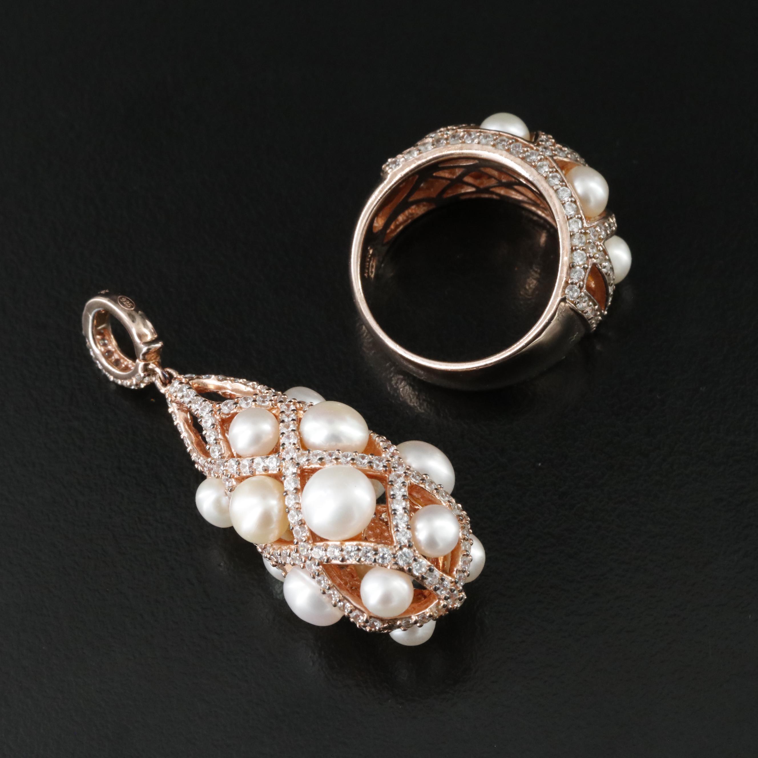 Sterling Pearl and CZ Pendant and Ring Set