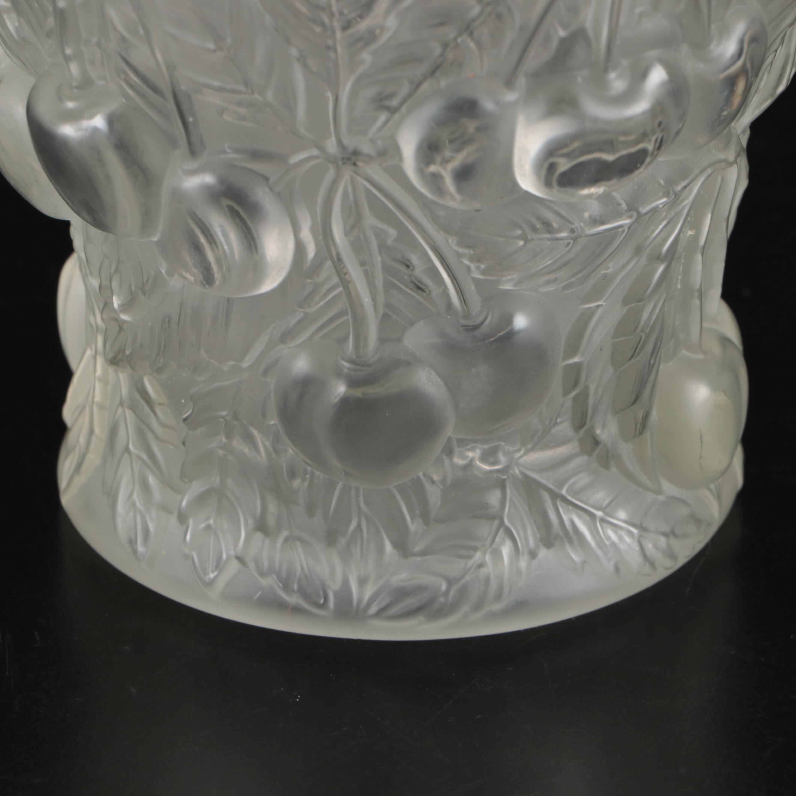 Josef Inwald Frosted Cherry Motif Barolac Czech Pressed Glass Vase, 1930s
