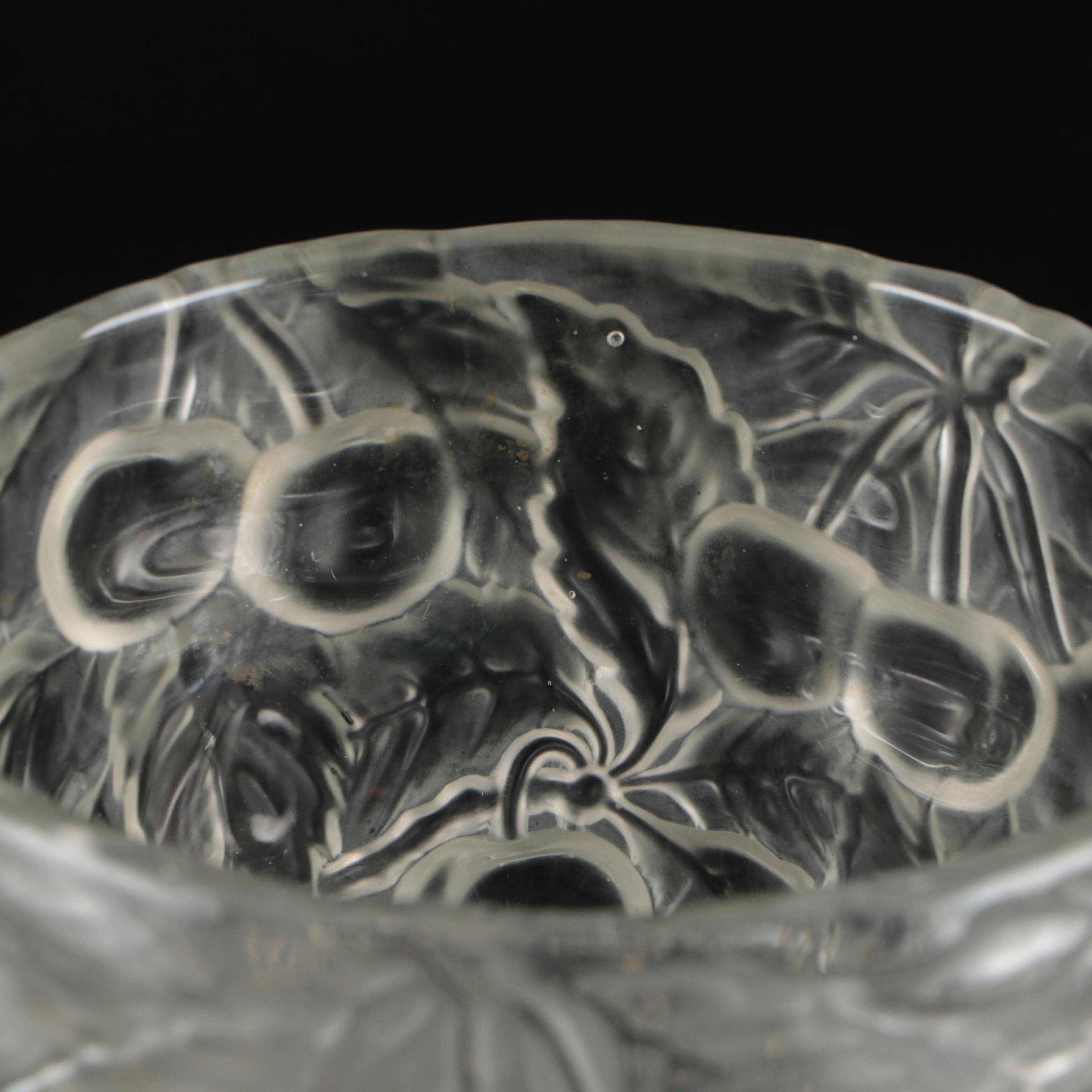 Josef Inwald Frosted Cherry Motif Barolac Czech Pressed Glass Vase, 1930s