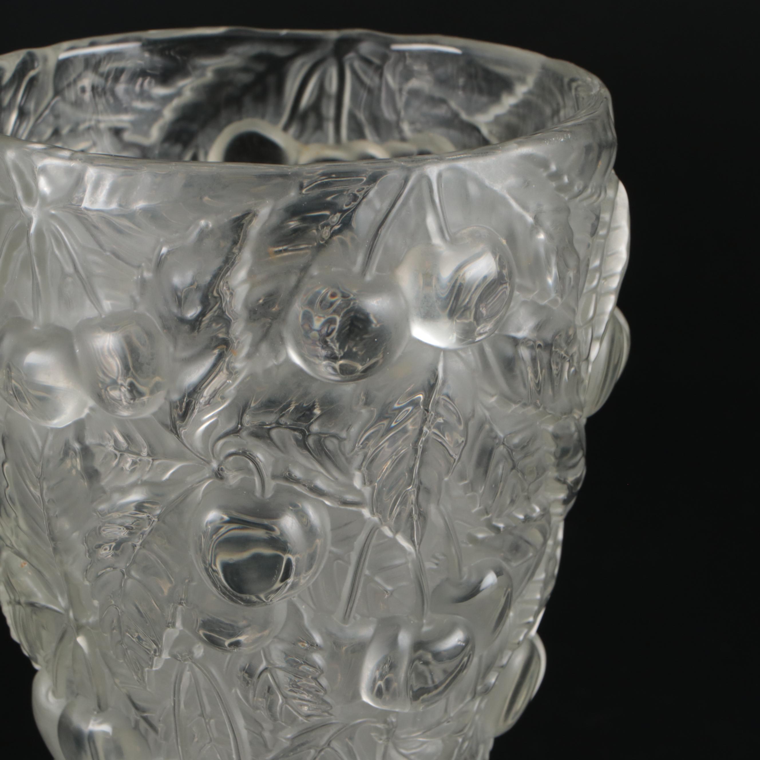 Josef Inwald Frosted Cherry Motif Barolac Czech Pressed Glass Vase, 1930s