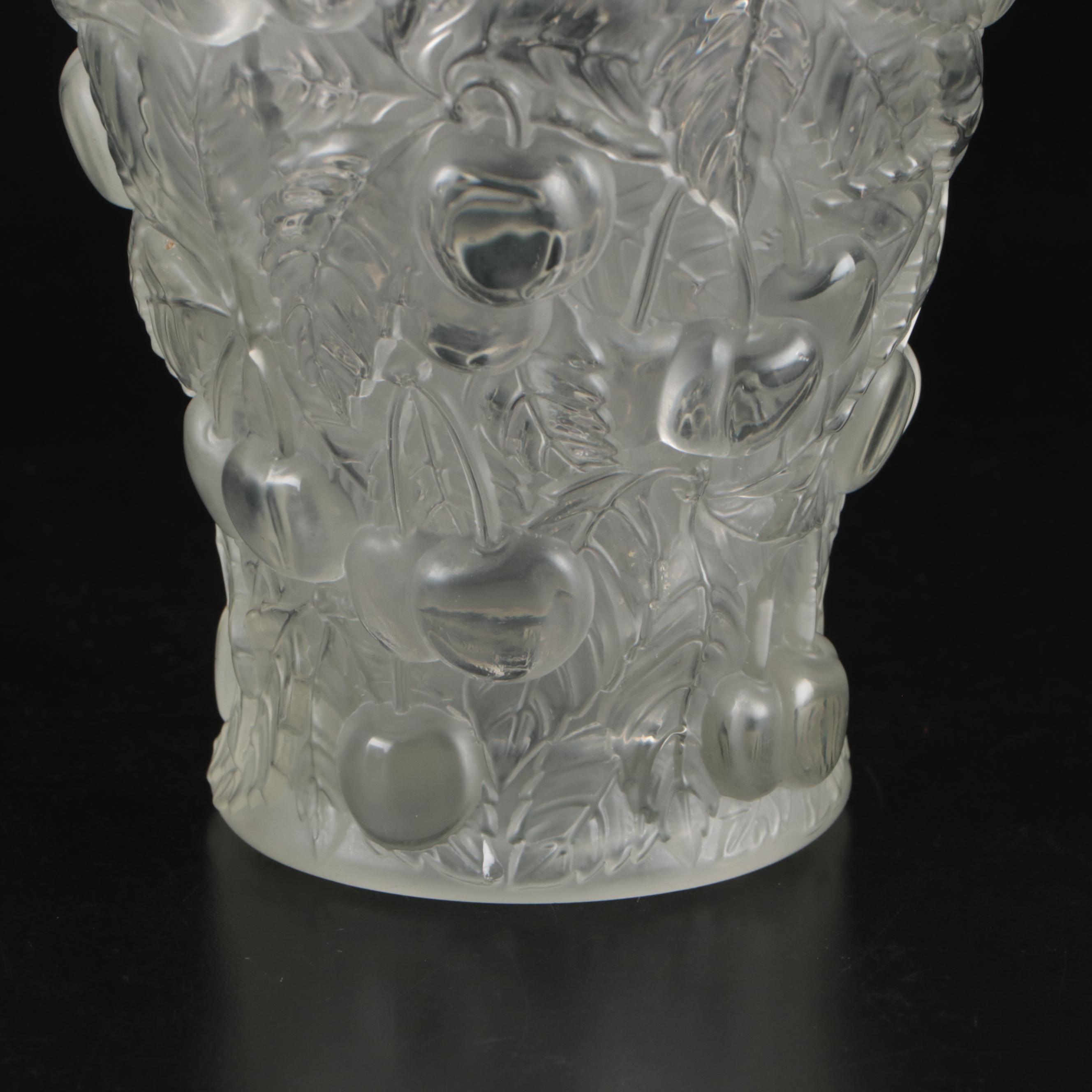 Josef Inwald Frosted Cherry Motif Barolac Czech Pressed Glass Vase, 1930s