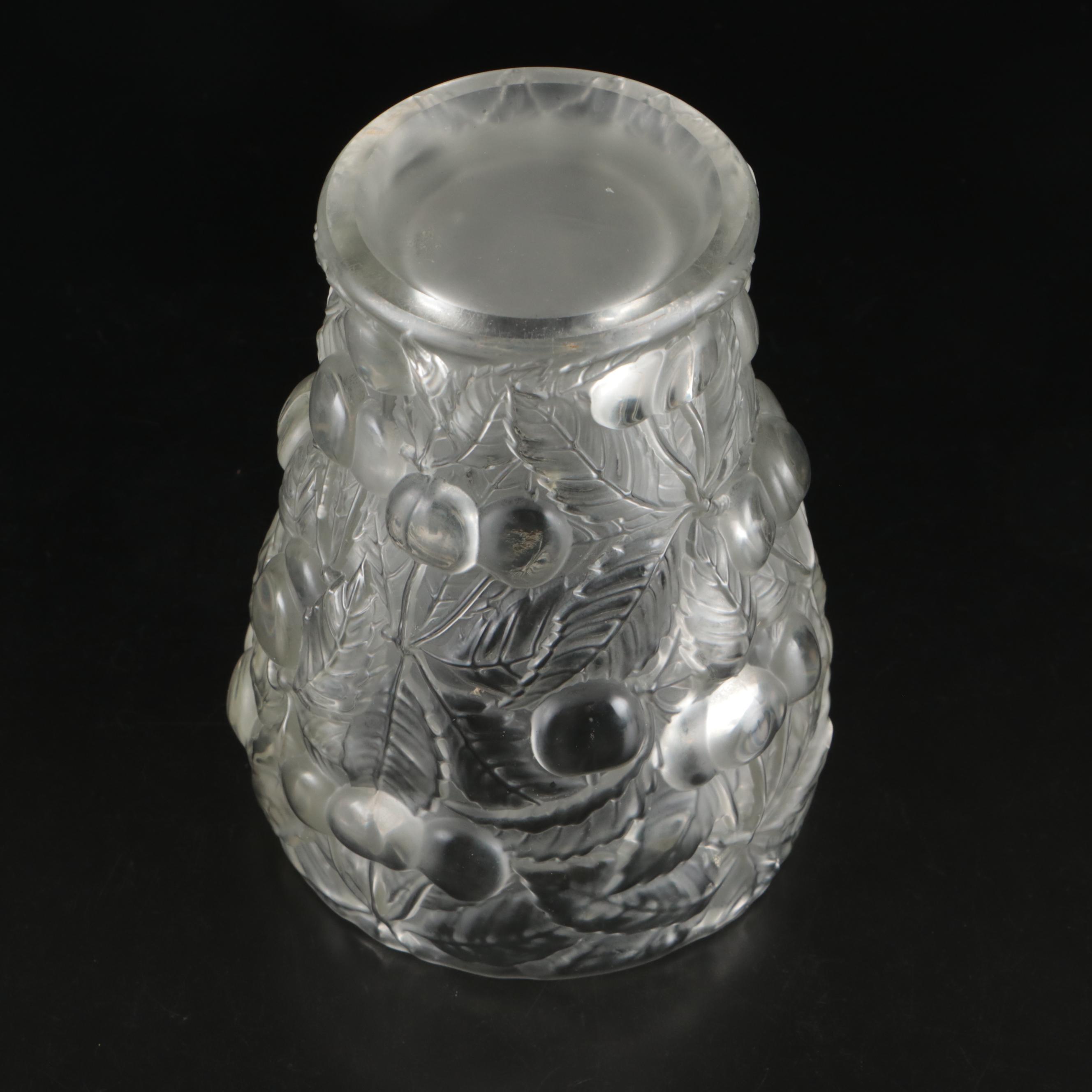 Josef Inwald Frosted Cherry Motif Barolac Czech Pressed Glass Vase, 1930s