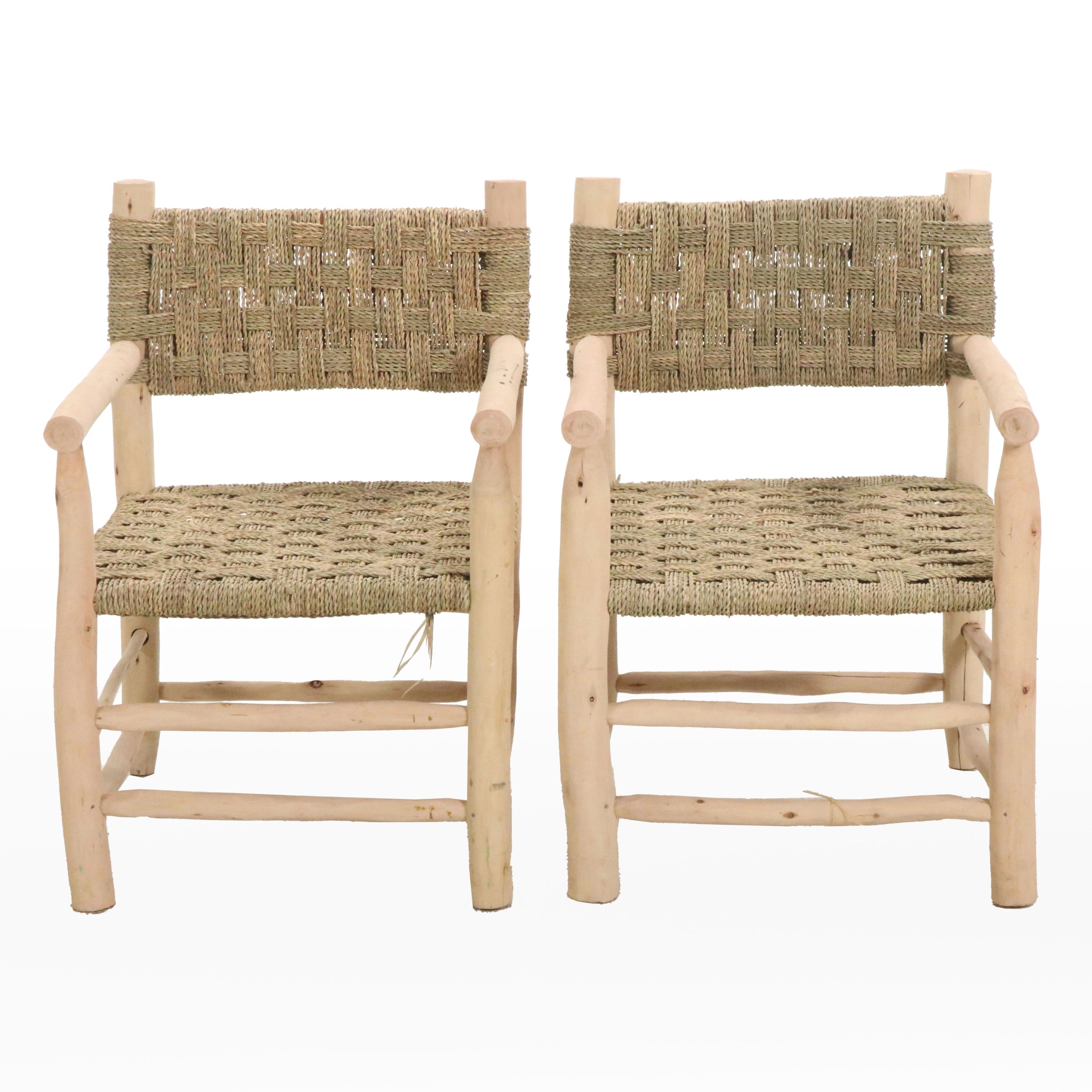 Pair of Woven Rope and Natural Wood Armchairs