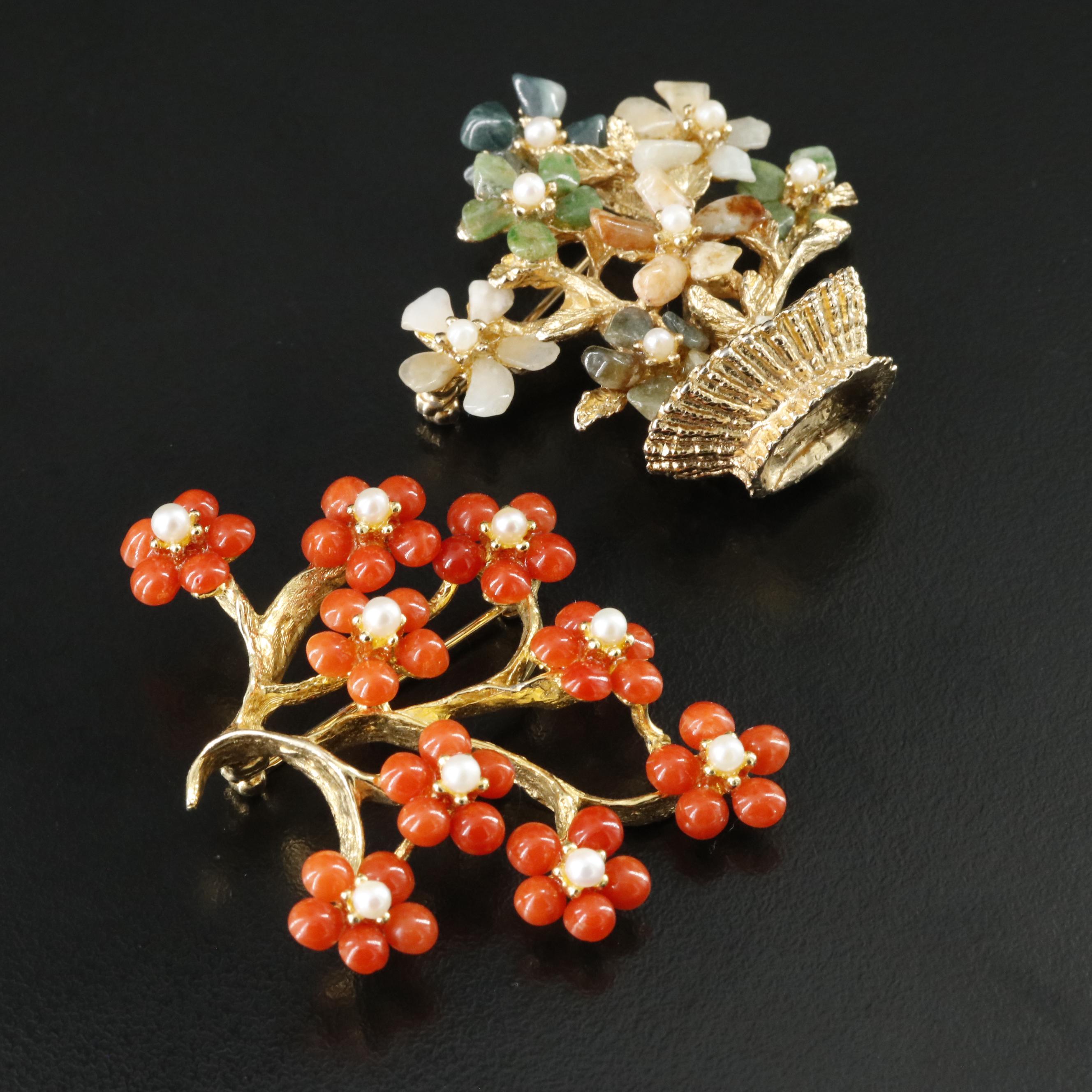 Floral Gemstone Jewelry Including Swoboda Necklace and Brooch Set and Coral