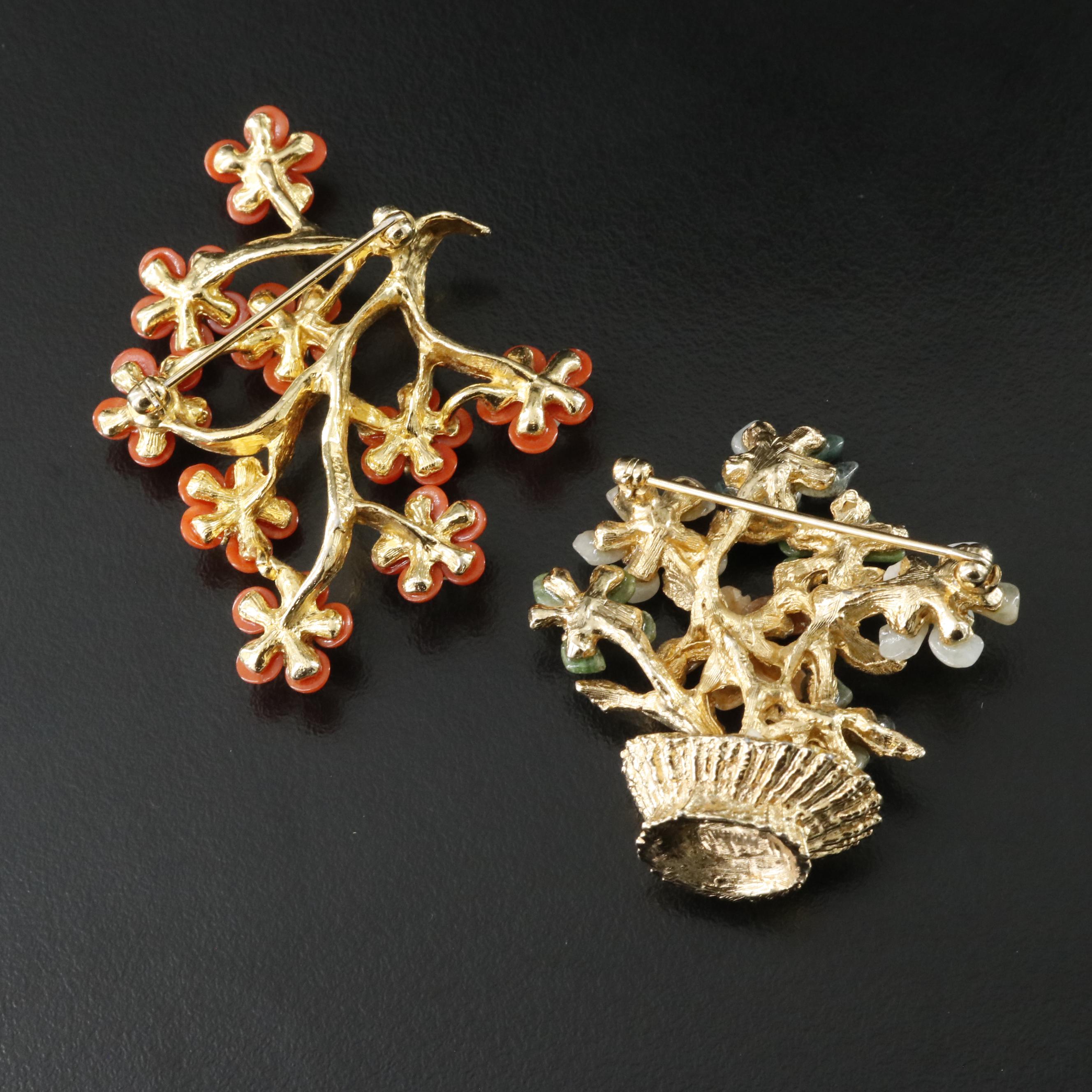 Floral Gemstone Jewelry Including Swoboda Necklace and Brooch Set and Coral