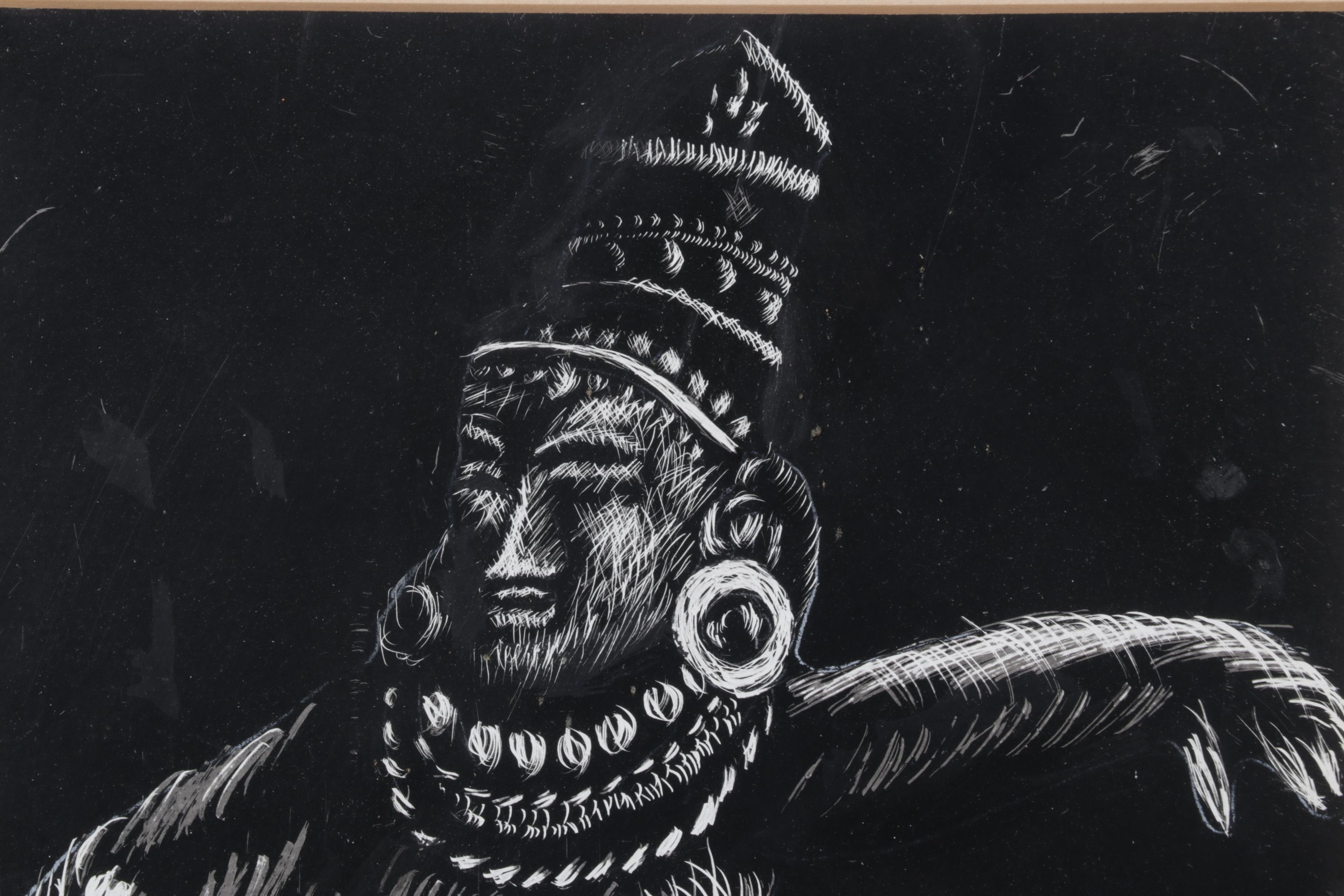 Helen D. Simon Scratchboard Portrait of Ethnic Thai Dancer, Mid-20th Century