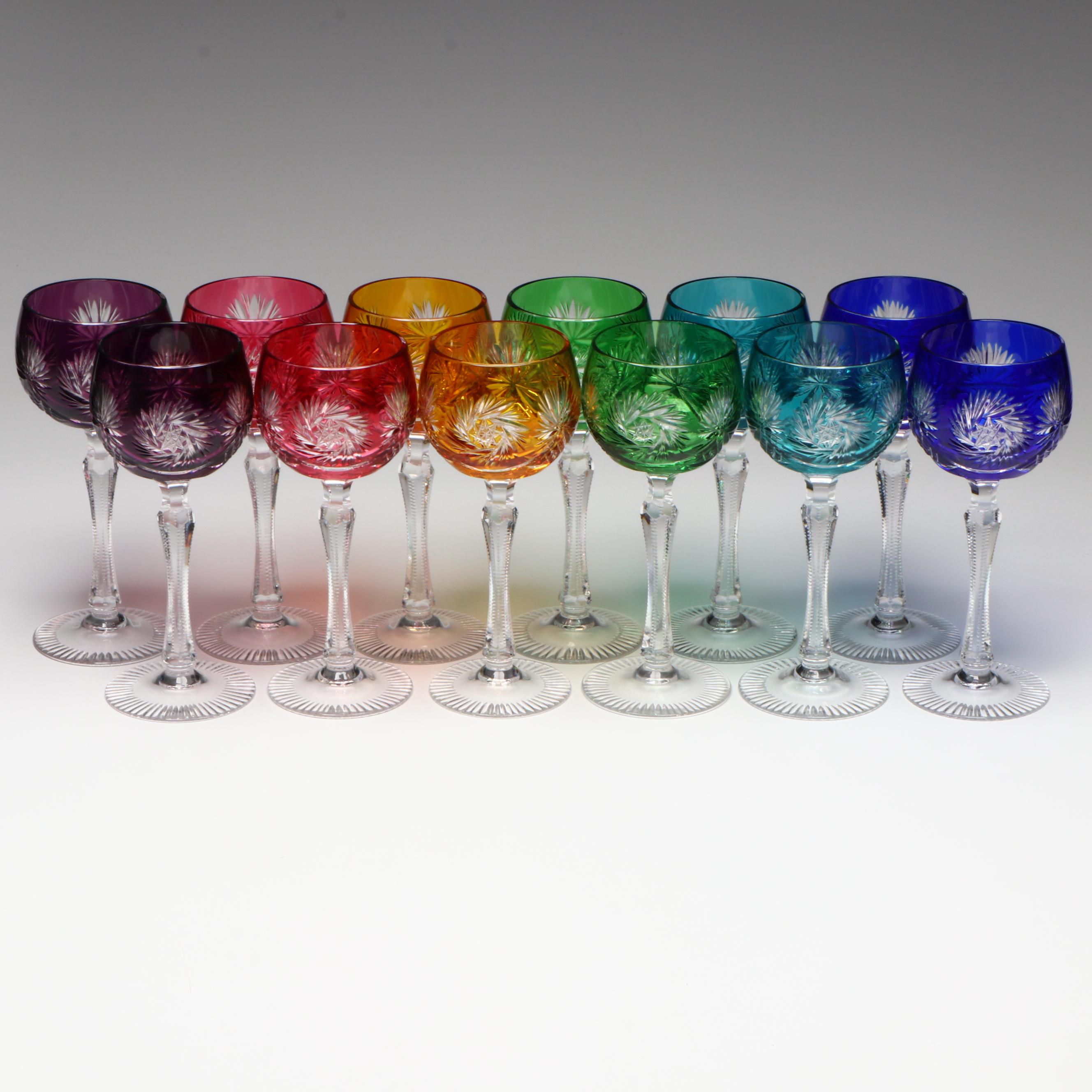 Bohemian Style Multicolored Cut to Clear Wine Glasses
