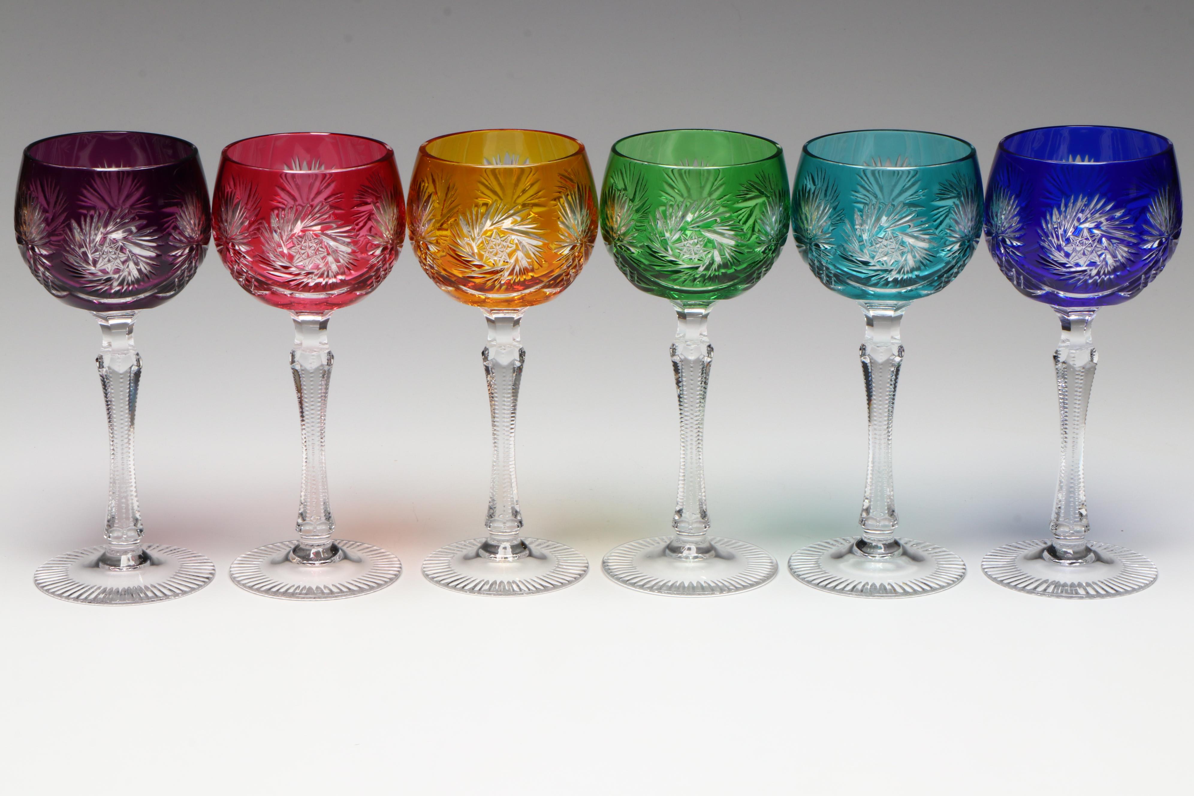 Bohemian Style Multicolored Cut to Clear Wine Glasses