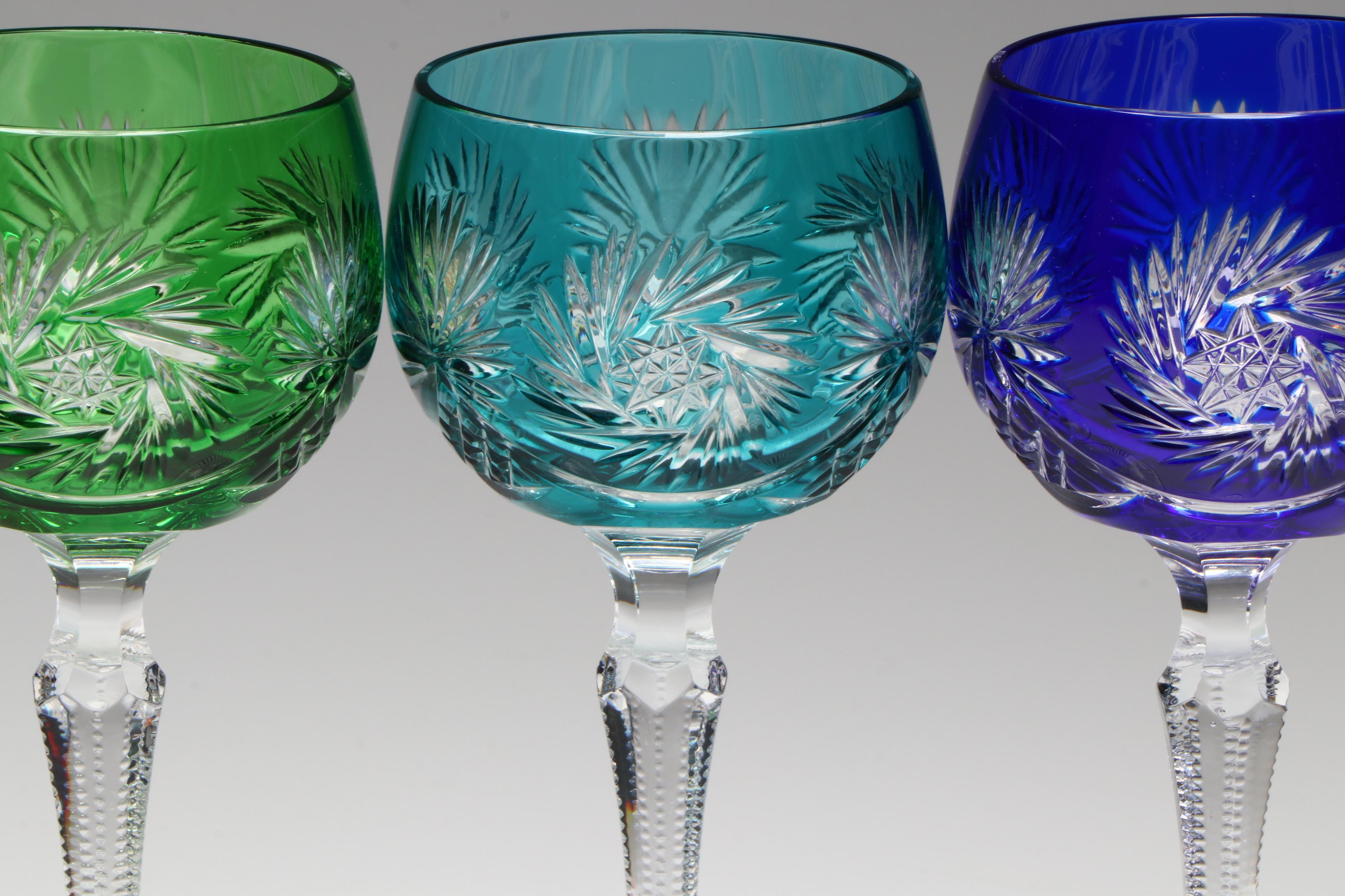 Bohemian Style Multicolored Cut to Clear Wine Glasses