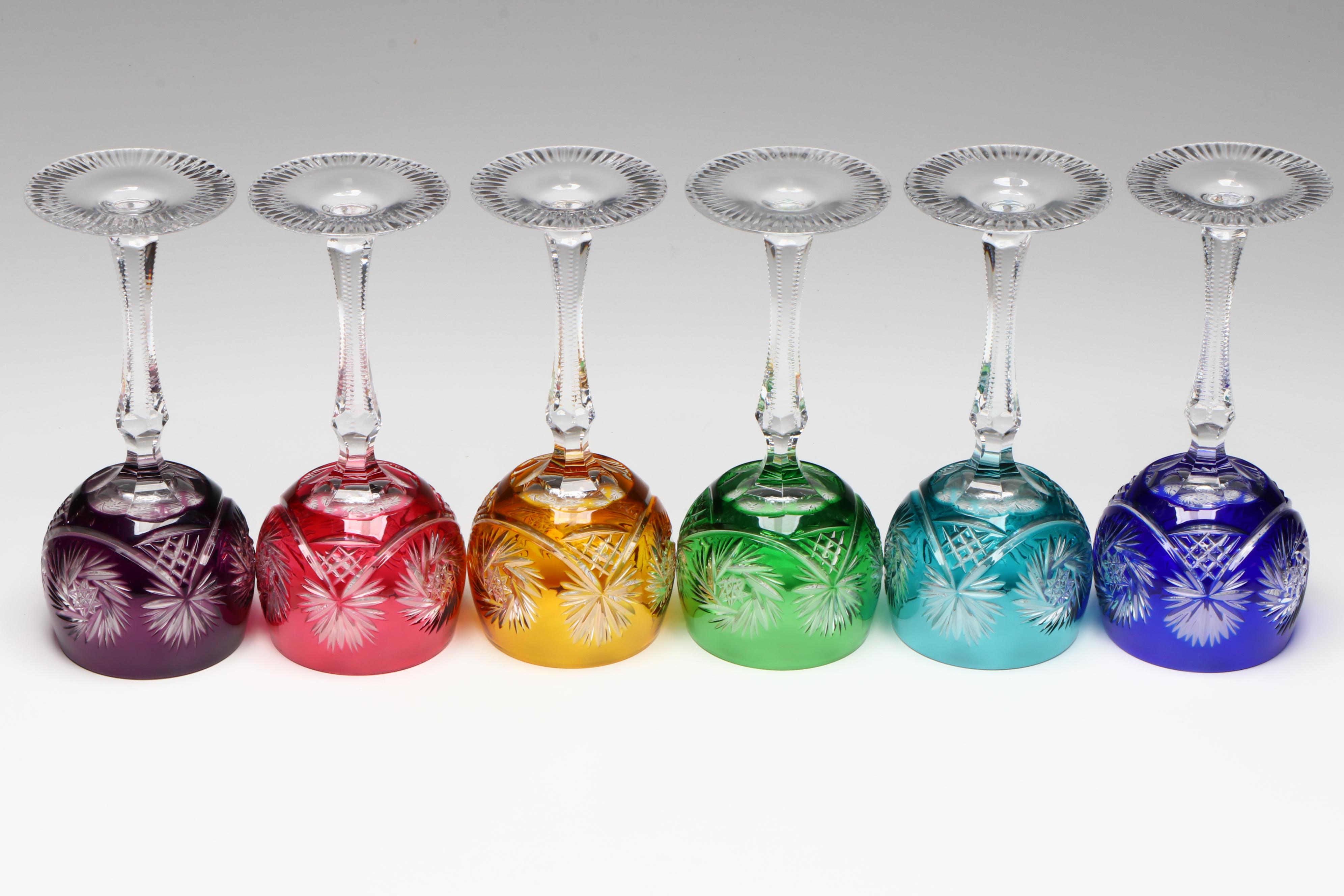 Bohemian Style Multicolored Cut to Clear Wine Glasses