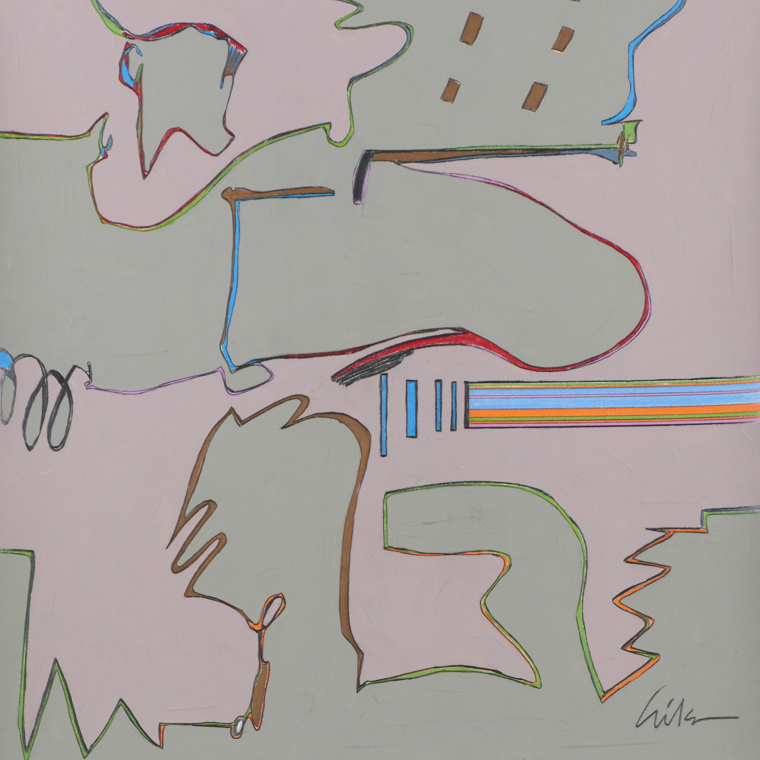 Harry Hilson Abstract Mixed Media Painting in Grey and Purple, Late 20th Century