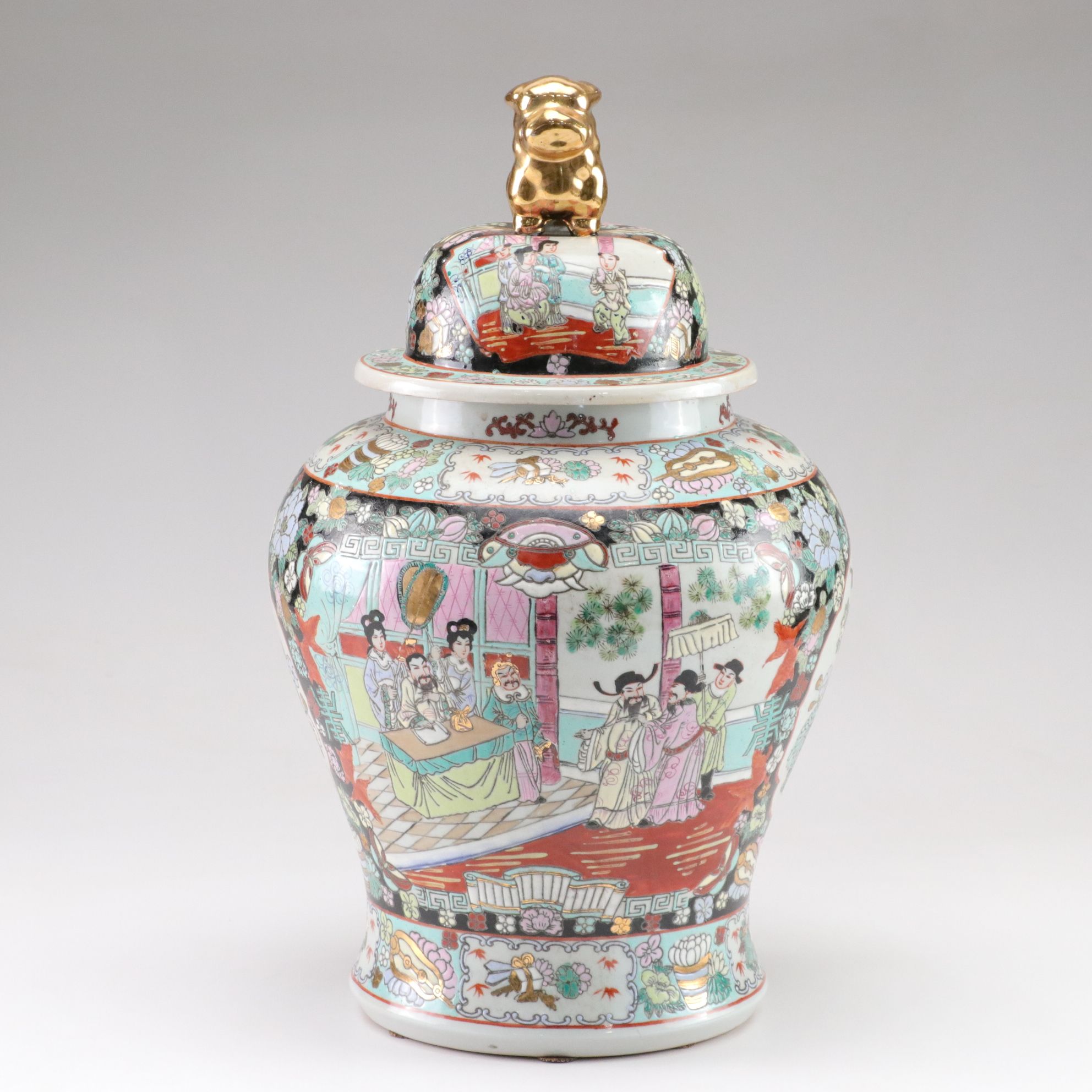 Chinese Porcelain Famille Noire Temple Jar with Guardian Lion Finial