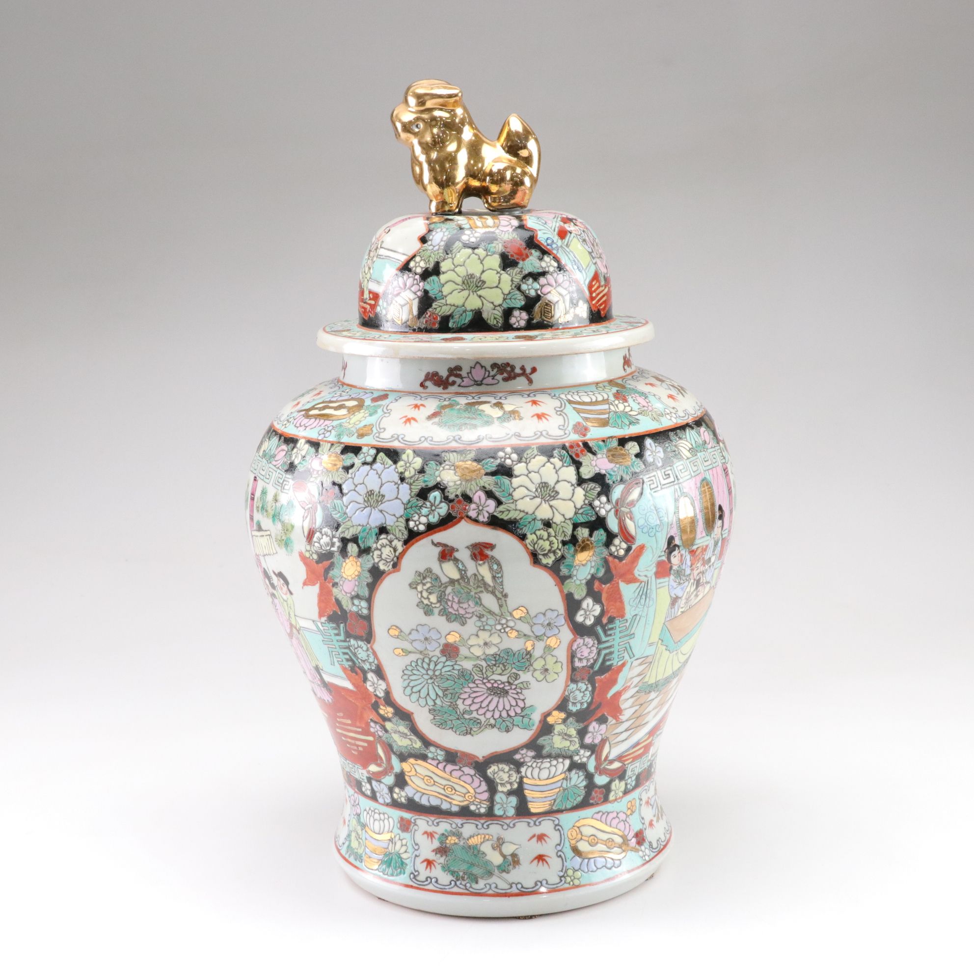 Chinese Porcelain Famille Noire Temple Jar with Guardian Lion Finial