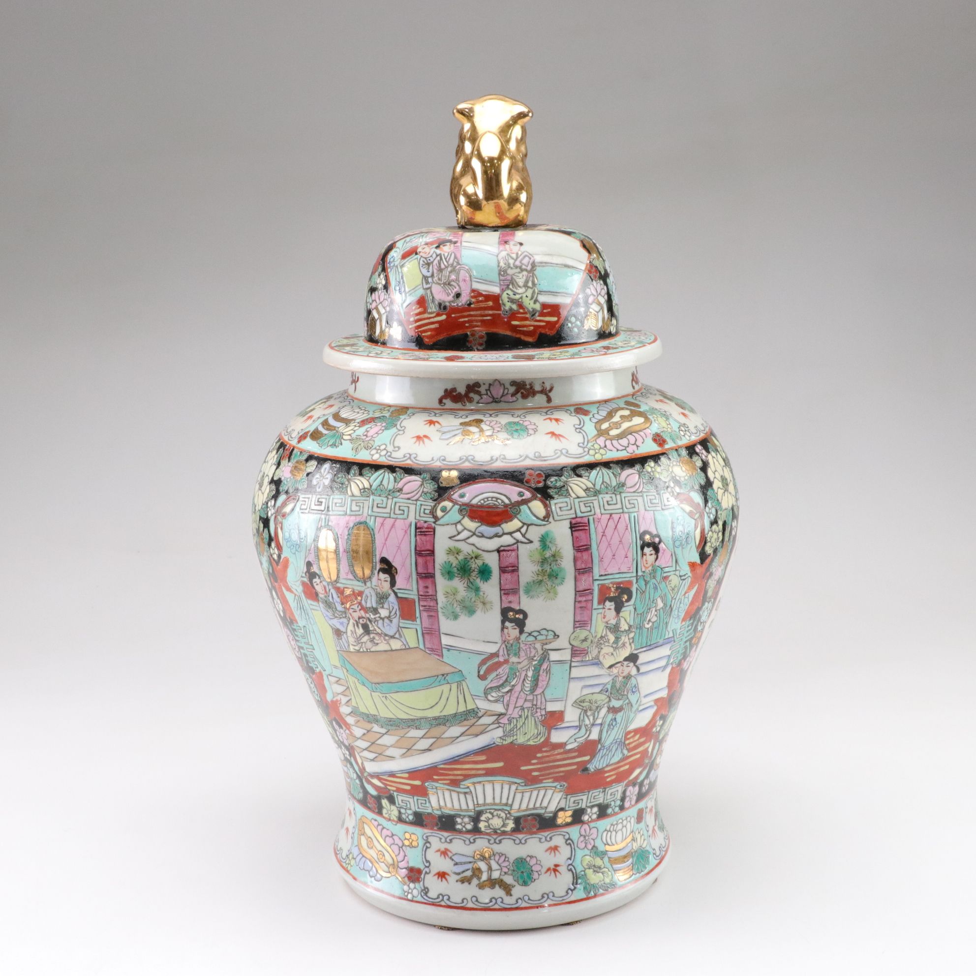 Chinese Porcelain Famille Noire Temple Jar with Guardian Lion Finial