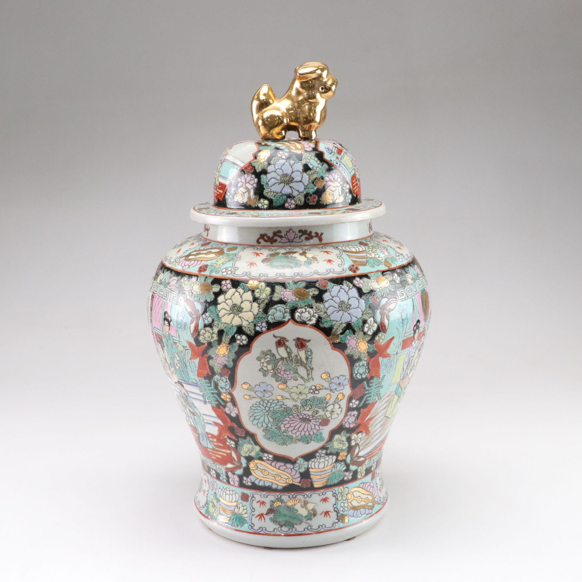 Chinese Porcelain Famille Noire Temple Jar with Guardian Lion Finial