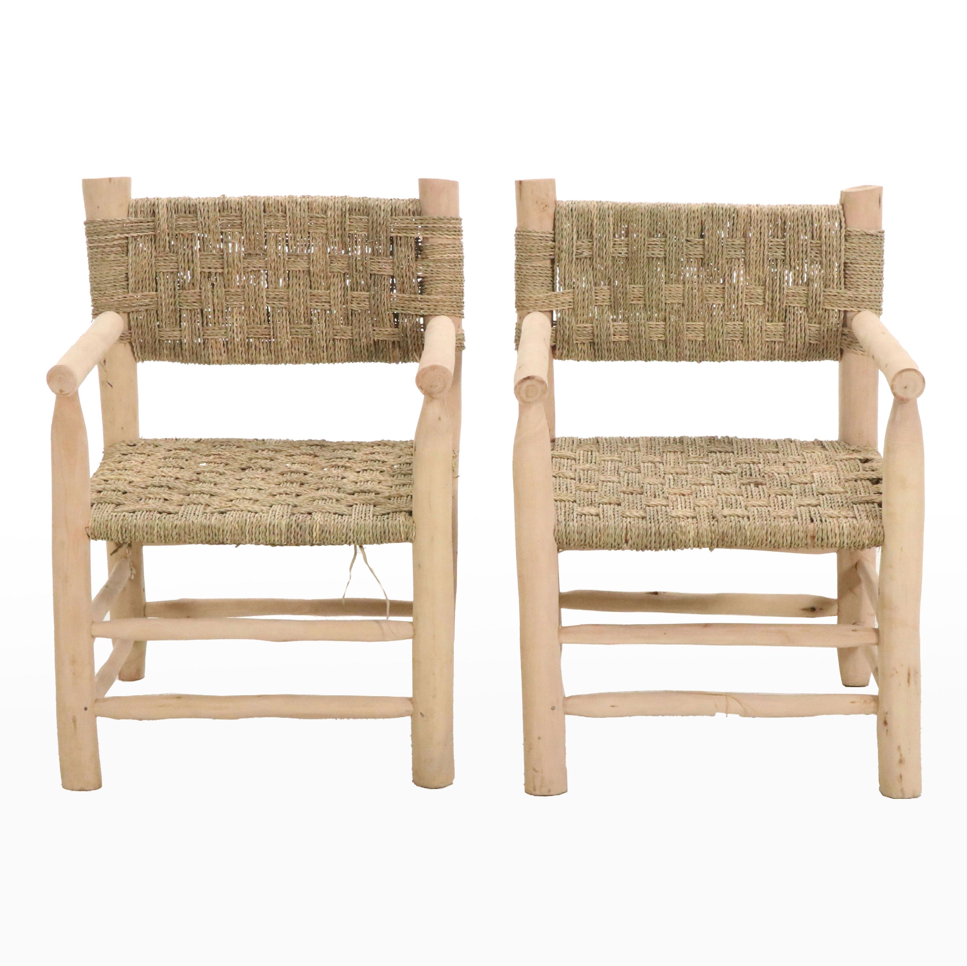 Pair of Natural Wood and Woven Rope Armchairs