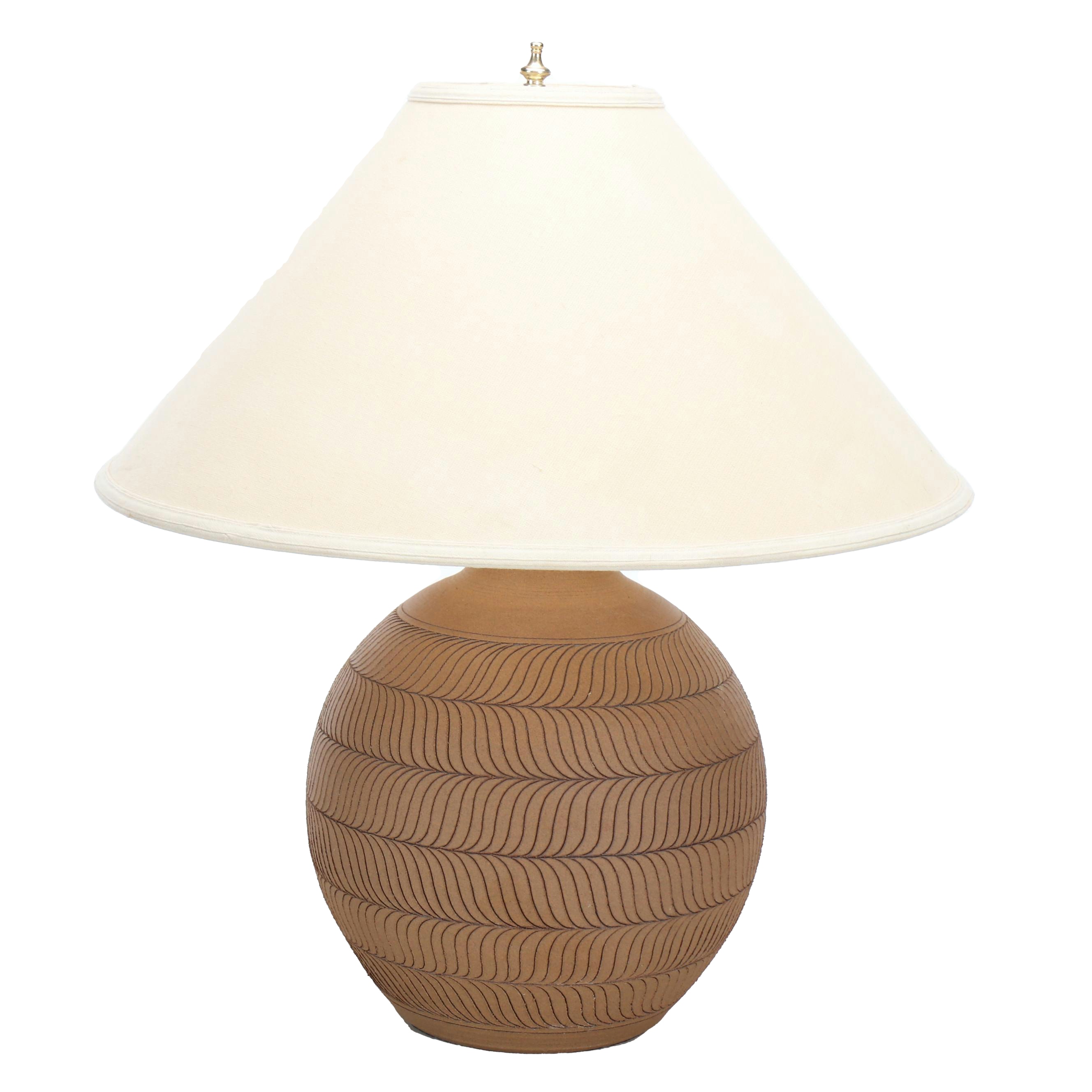 Larry and Terry Brown MCM Hand-Incised Stoneware Table Lamp with Cotton Shade