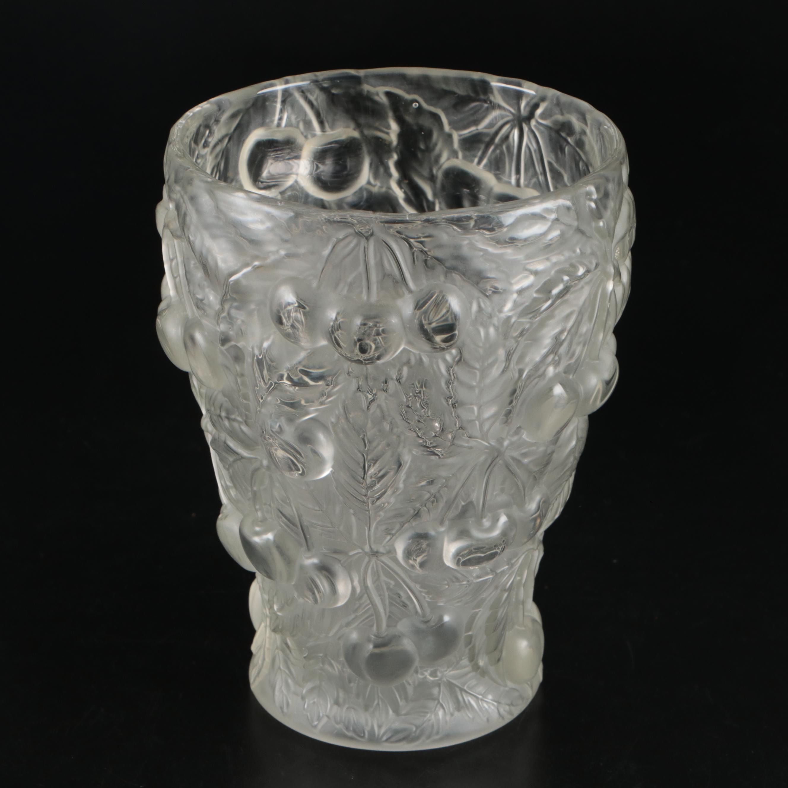 Josef Inwald Frosted Cherry Motif Barolac Czech Pressed Glass Vase, 1930s