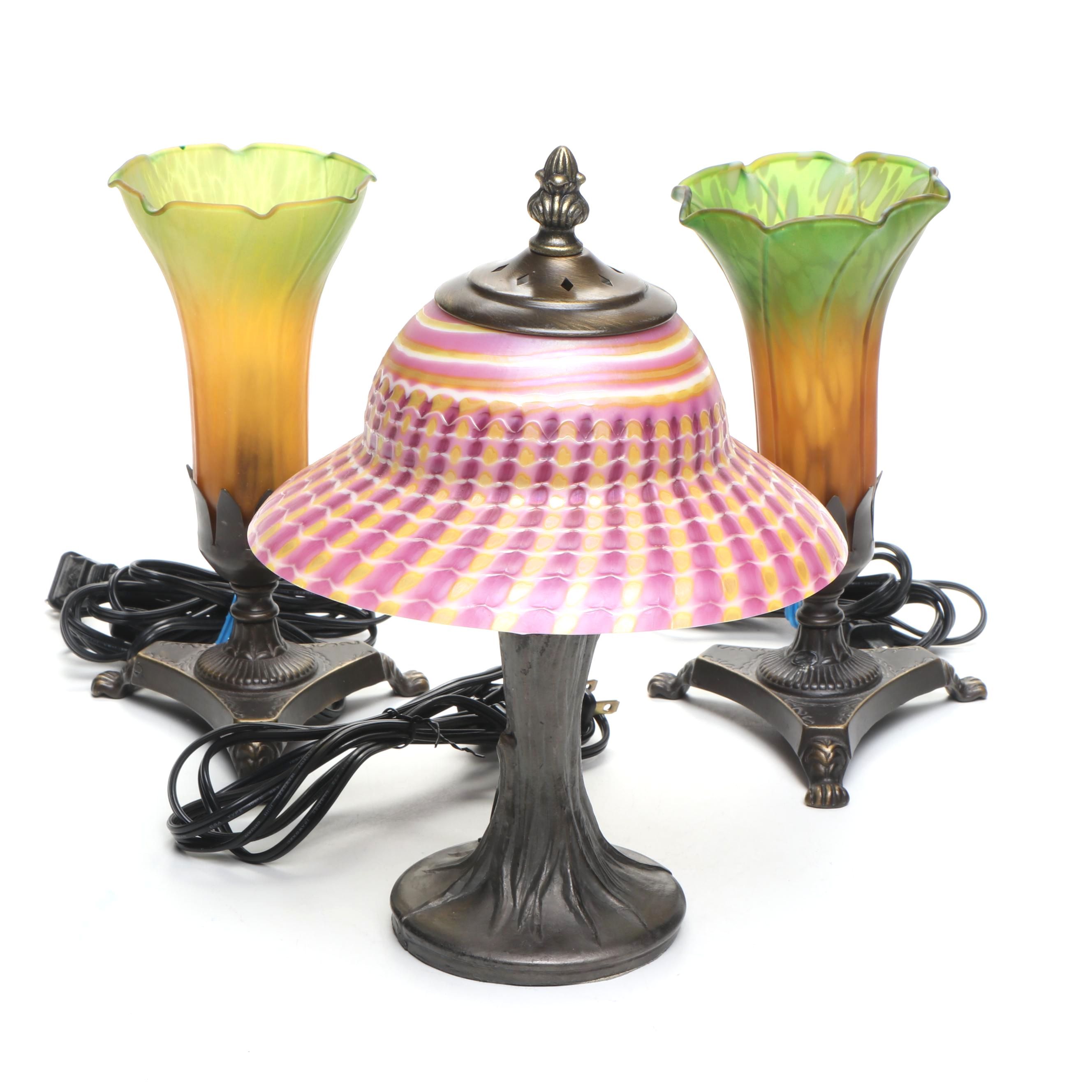 Art Nouveau Style Trumpet Lily Boudoir Lamps, Accent Lamp with Iridescent Shade