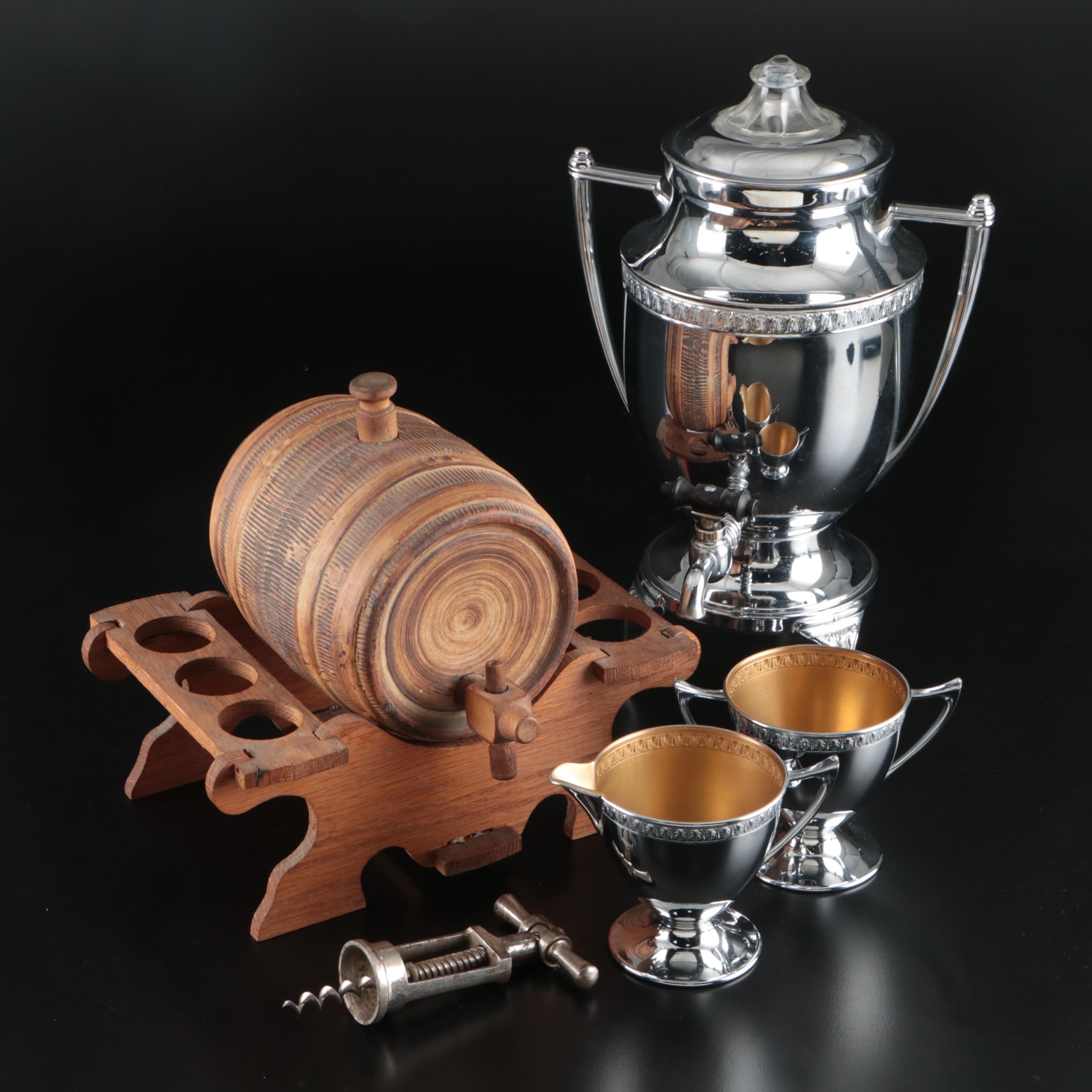 Metal Coffee Pot, Wooden Whiskey Barrel, and More Serveware