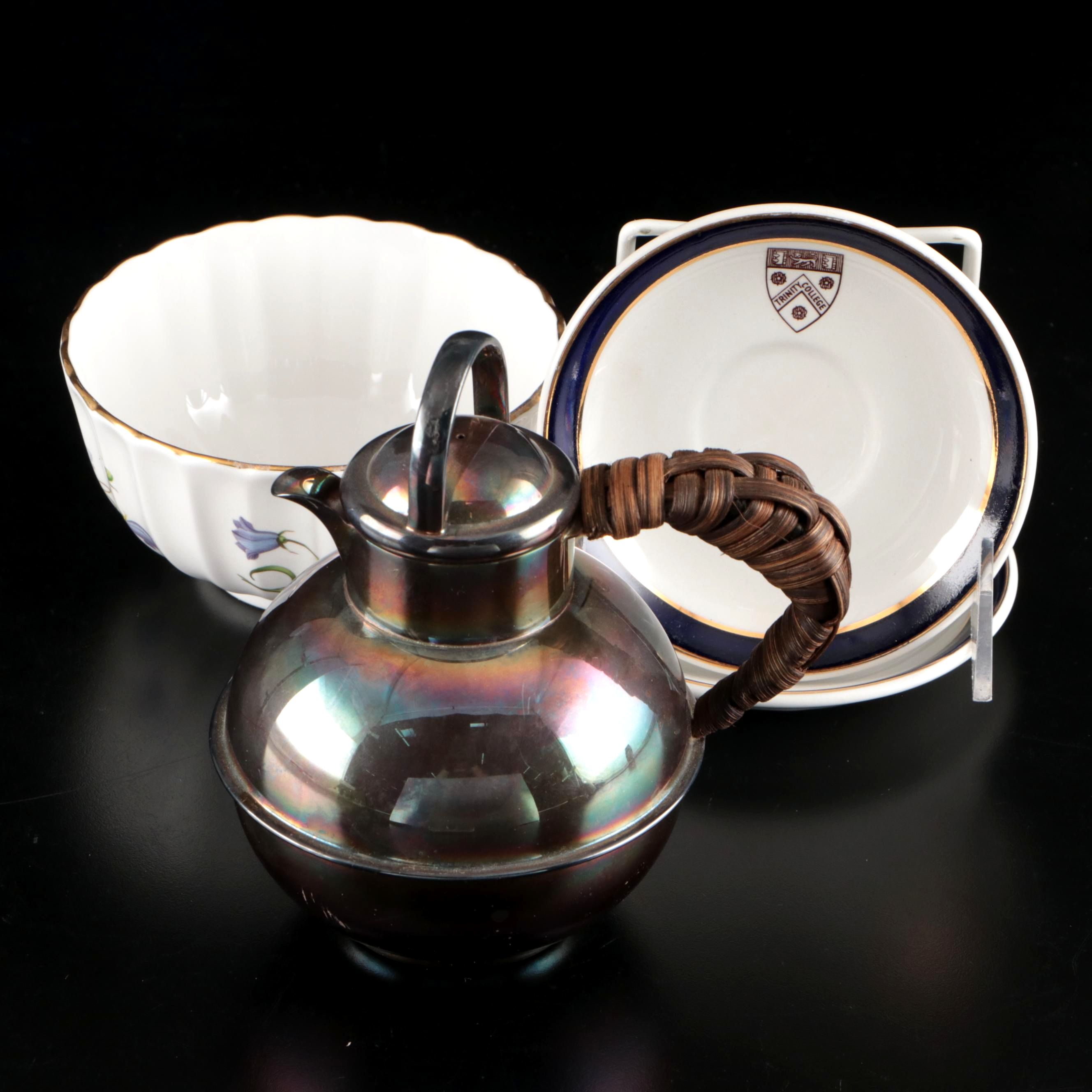 Mappin & Webb Silver Plate Teapot, Spode "Campanula" Bowl, and Bridgwood Saucers