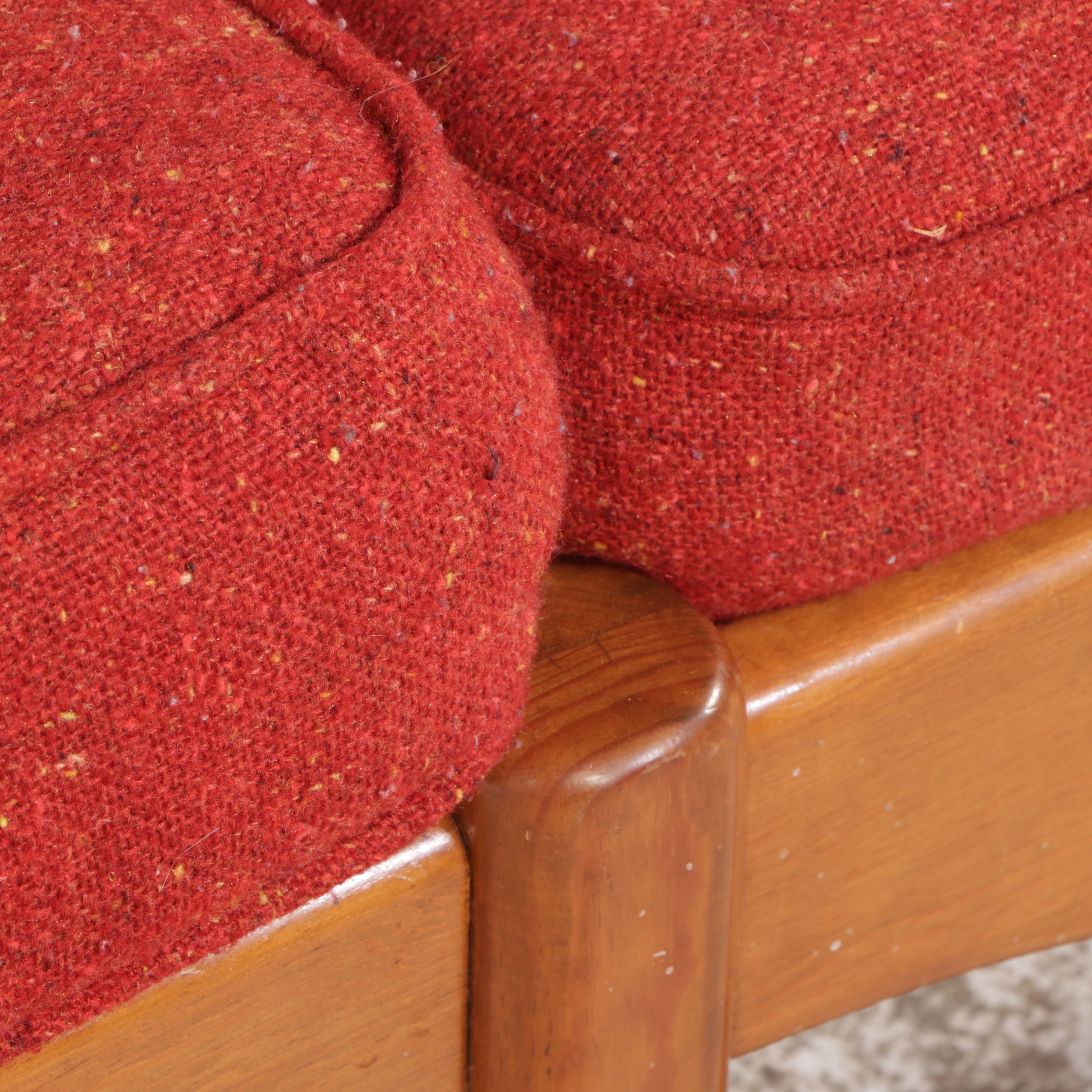 Colonial Revival Maple Sofa, Stationary Rocker, and Armchair, Late 20th Century
