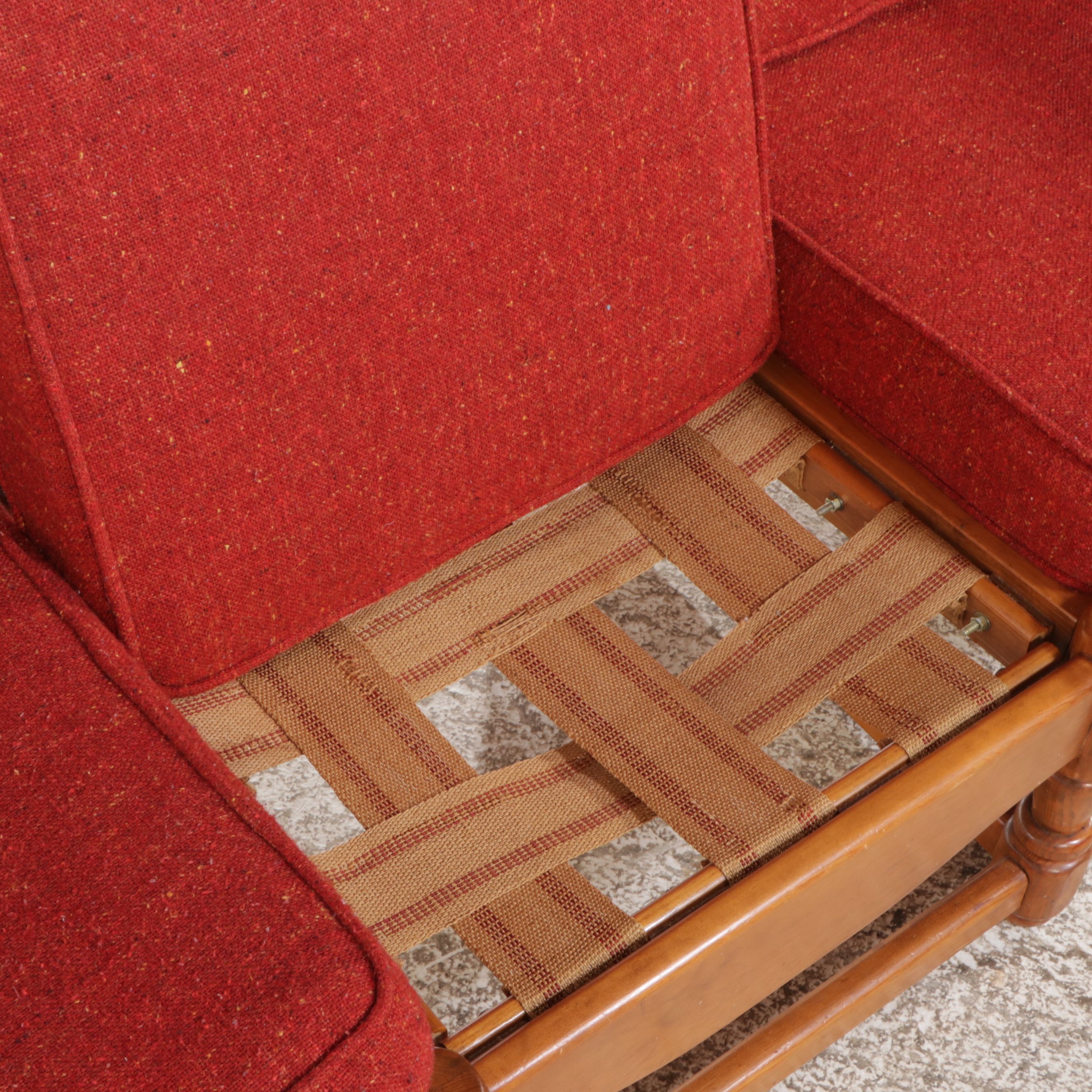 Colonial Revival Maple Sofa, Stationary Rocker, and Armchair, Late 20th Century