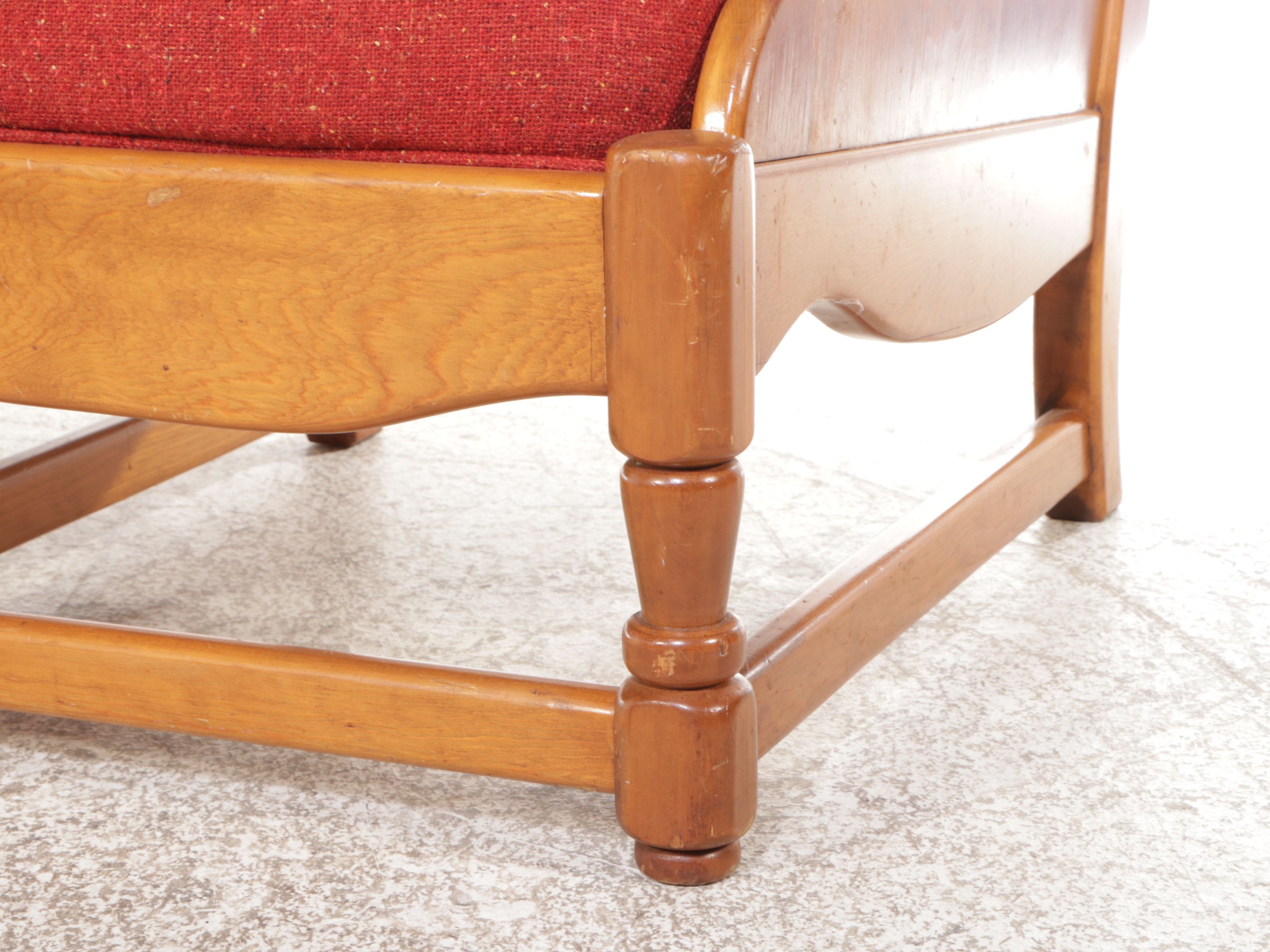 Colonial Revival Maple Sofa, Stationary Rocker, and Armchair, Late 20th Century