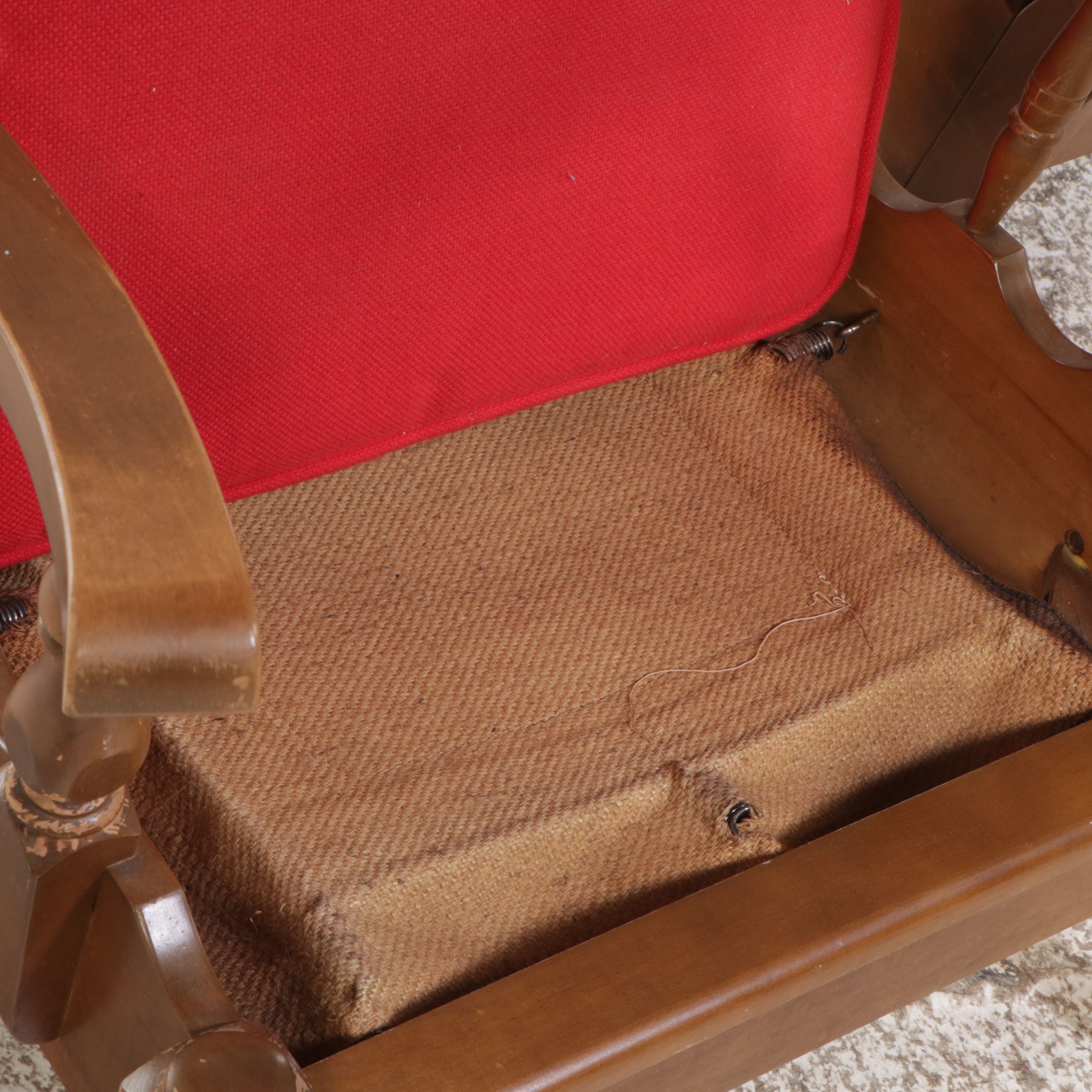 Colonial Revival Maple Sofa, Stationary Rocker, and Armchair, Late 20th Century