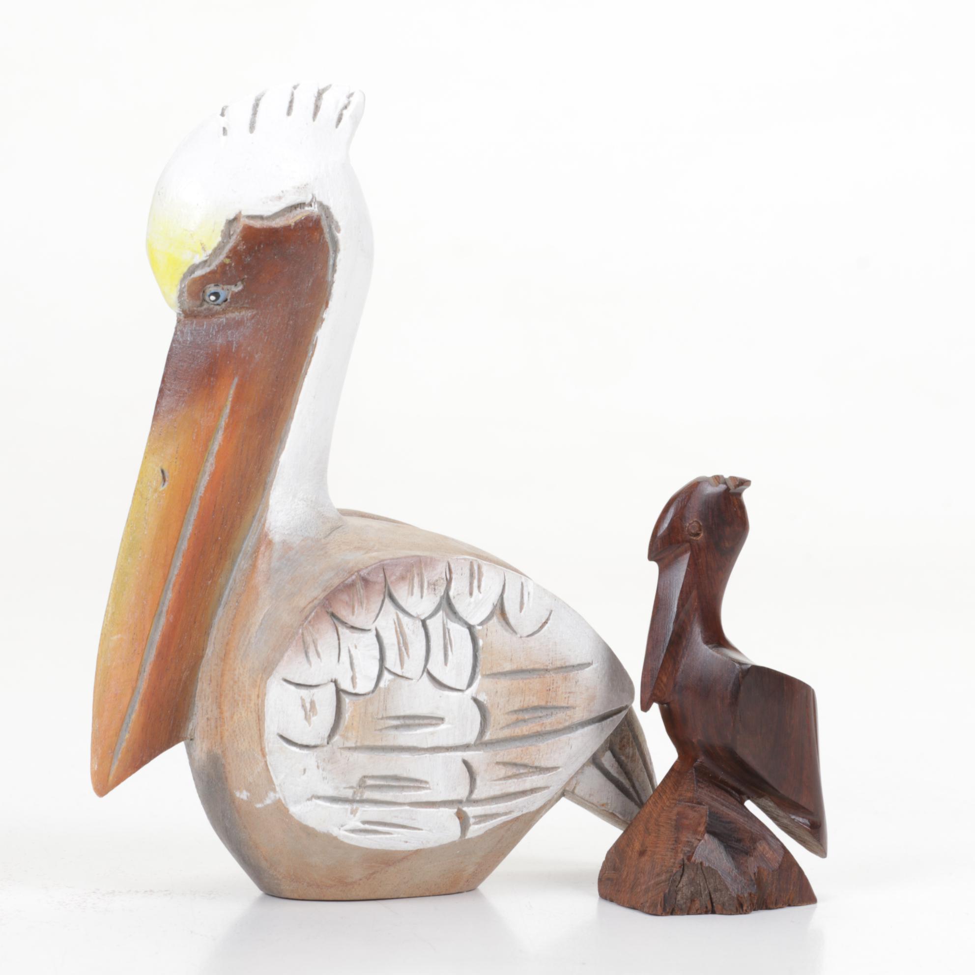Hand-Carved Wooden Pelican Puzzle Box and Collection of Pelicans
