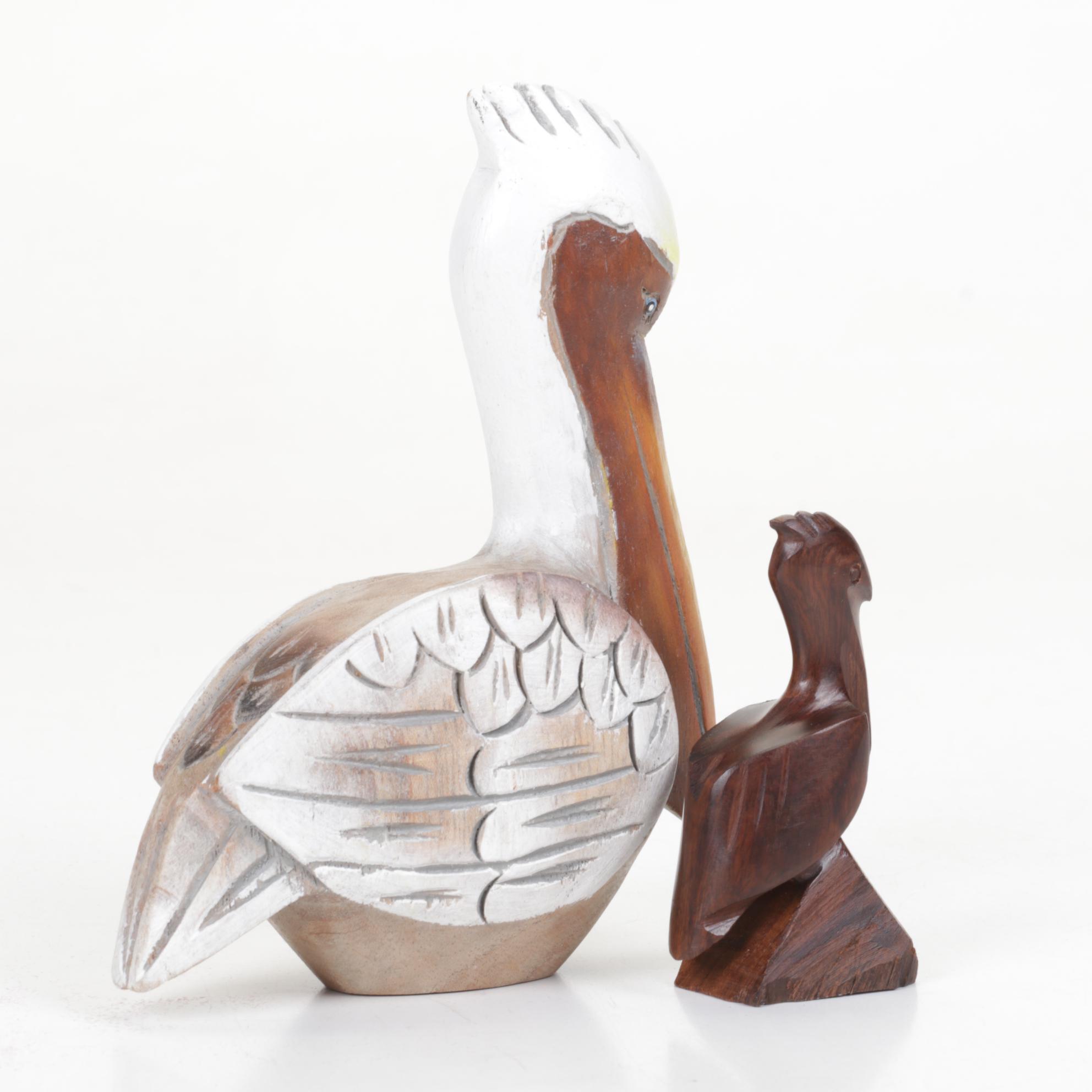 Hand-Carved Wooden Pelican Puzzle Box and Collection of Pelicans