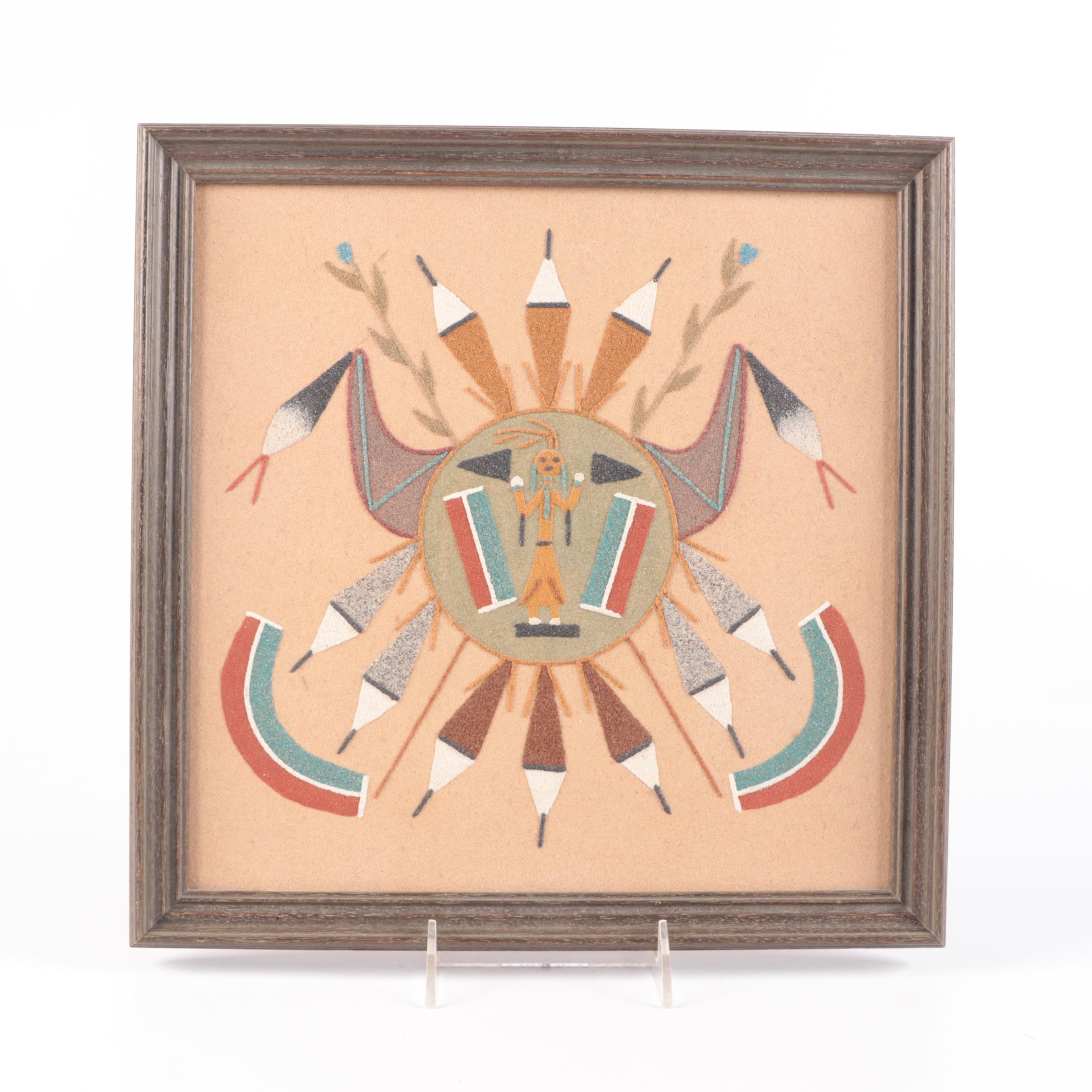 Southwestern Native American Navajo Sand Painting in Wood Frame