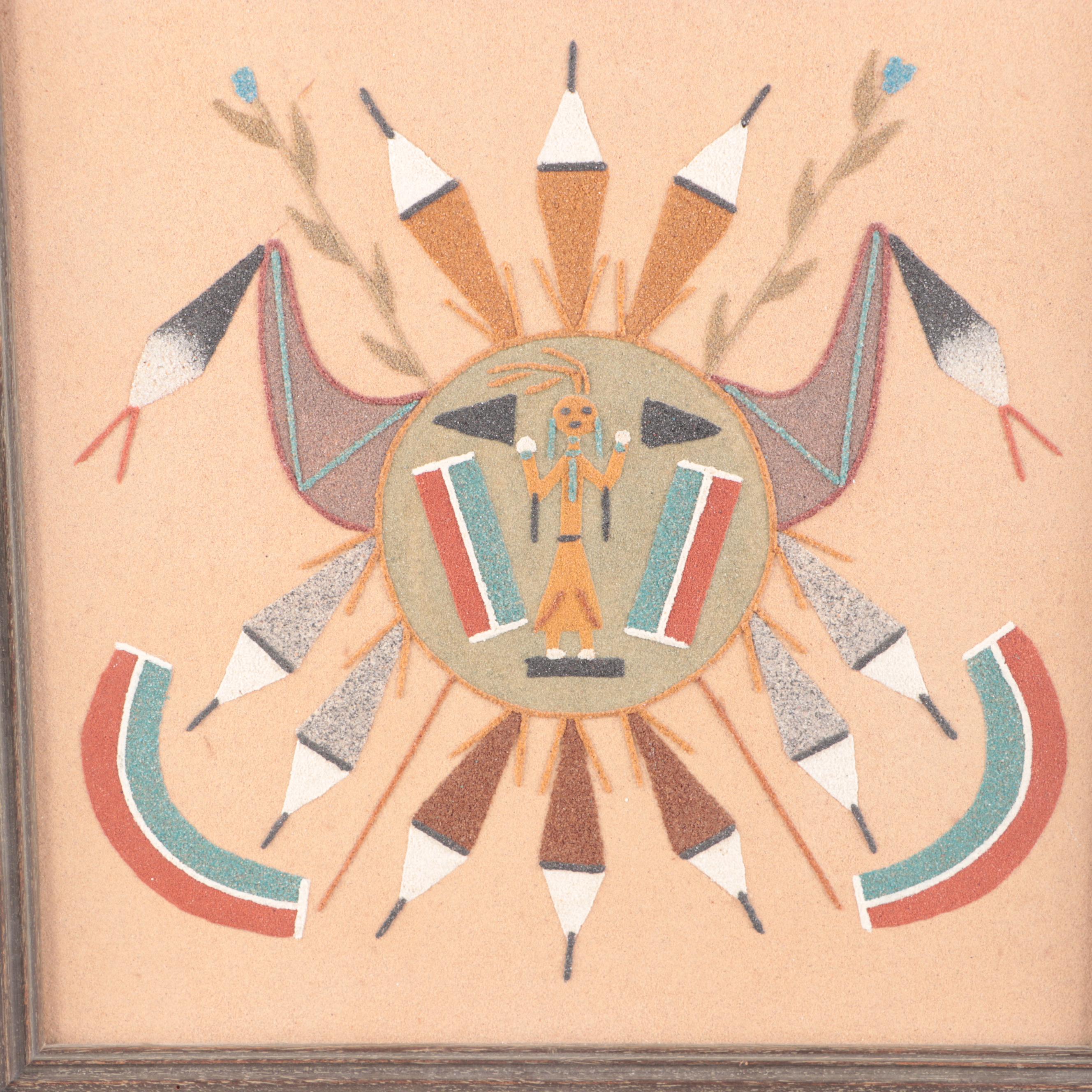 Southwestern Native American Navajo Sand Painting in Wood Frame