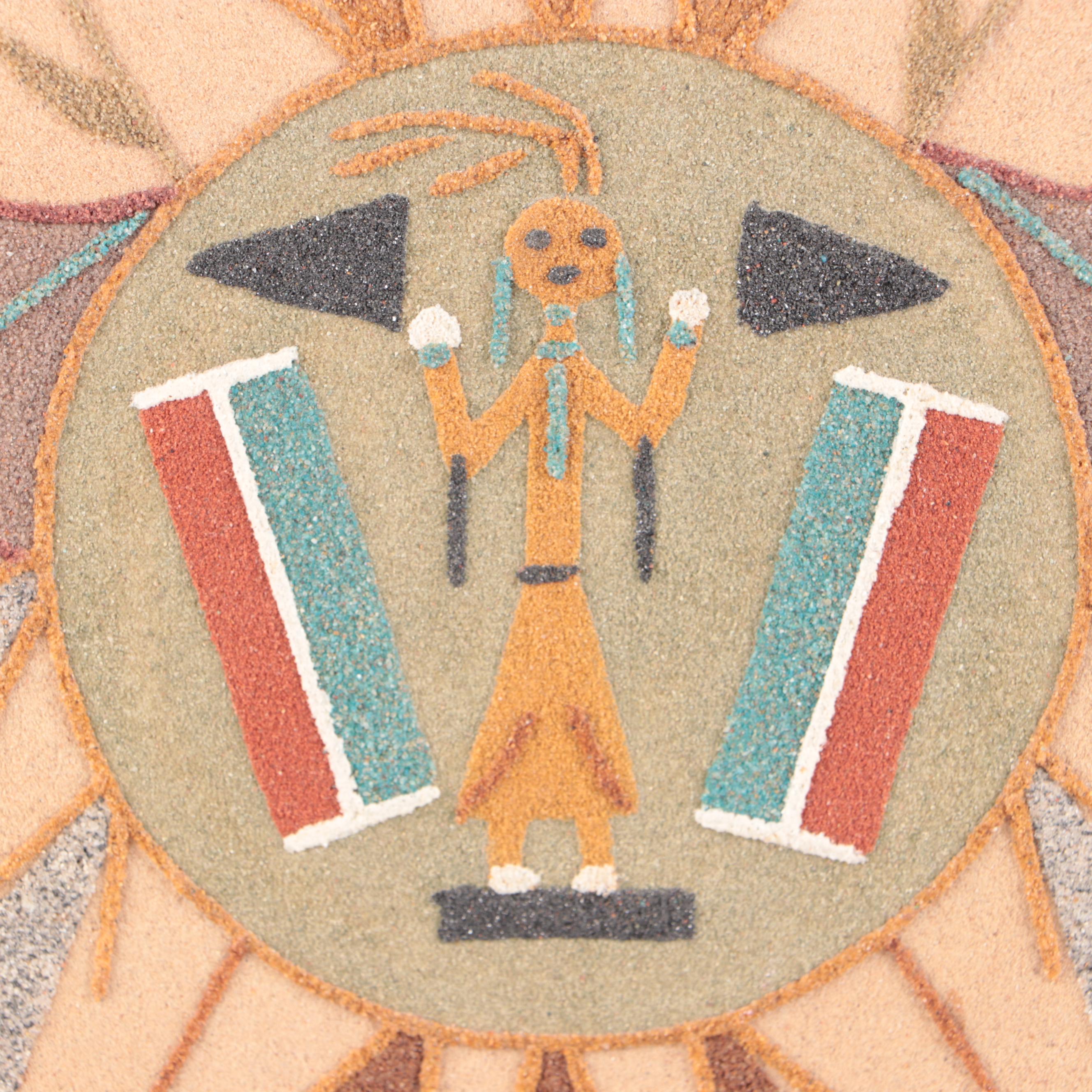 Southwestern Native American Navajo Sand Painting in Wood Frame