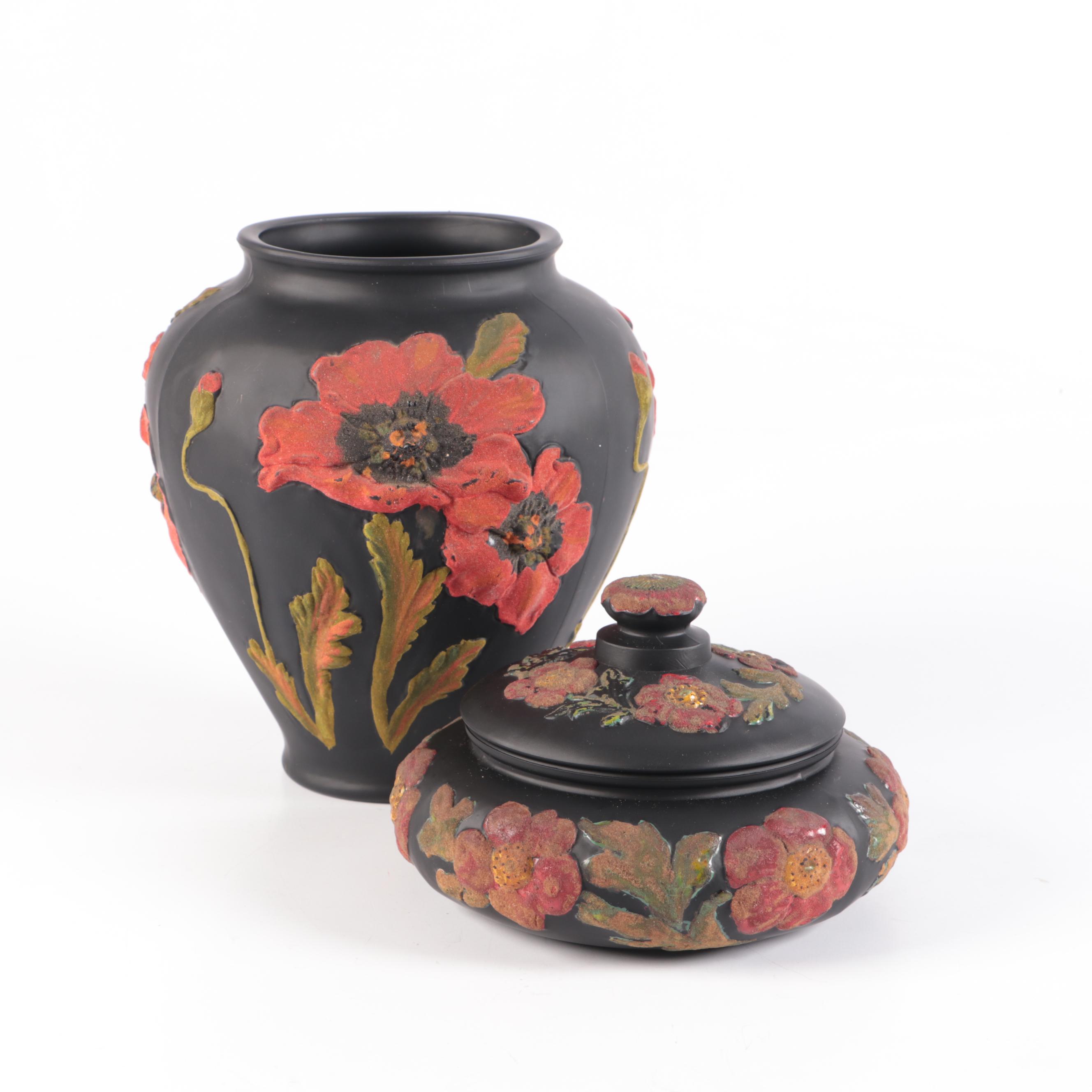 Tiffin Black Satin Coralene Poppy Glass Vase and Red Floral Lidded Bowl
