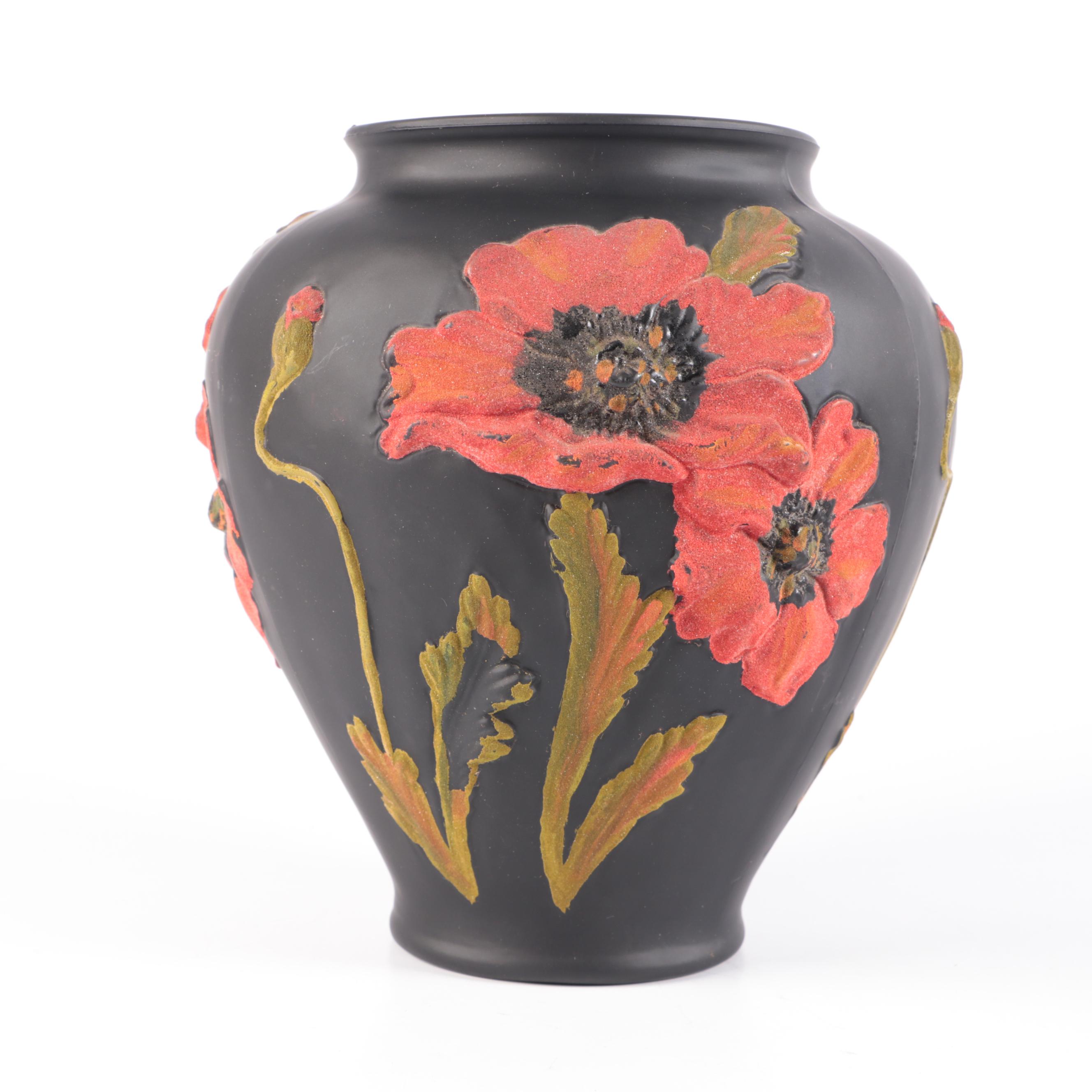 Tiffin Black Satin Coralene Poppy Glass Vase and Red Floral Lidded Bowl