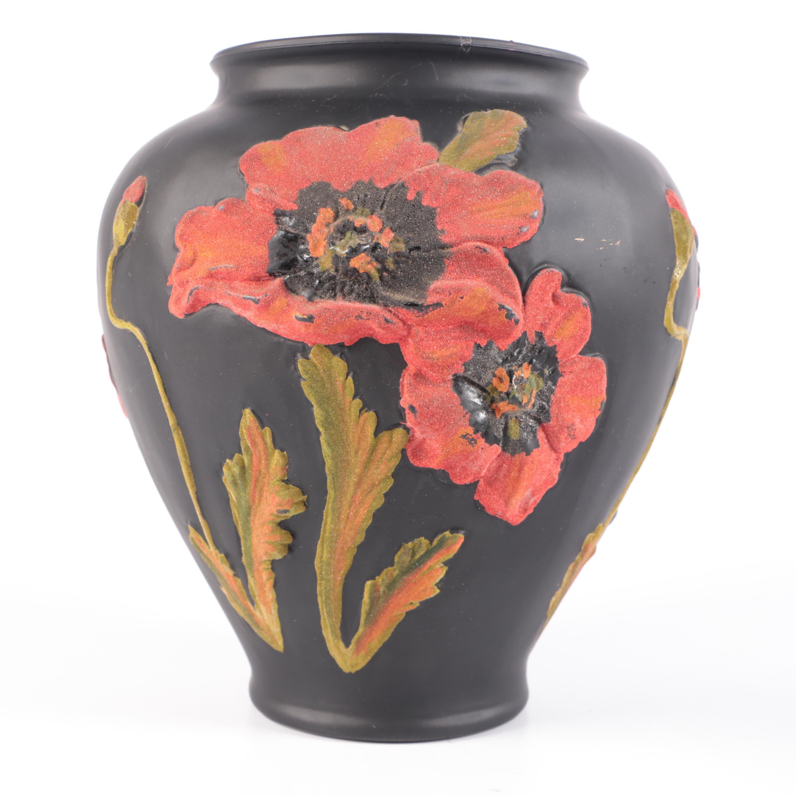Tiffin Black Satin Coralene Poppy Glass Vase and Red Floral Lidded Bowl