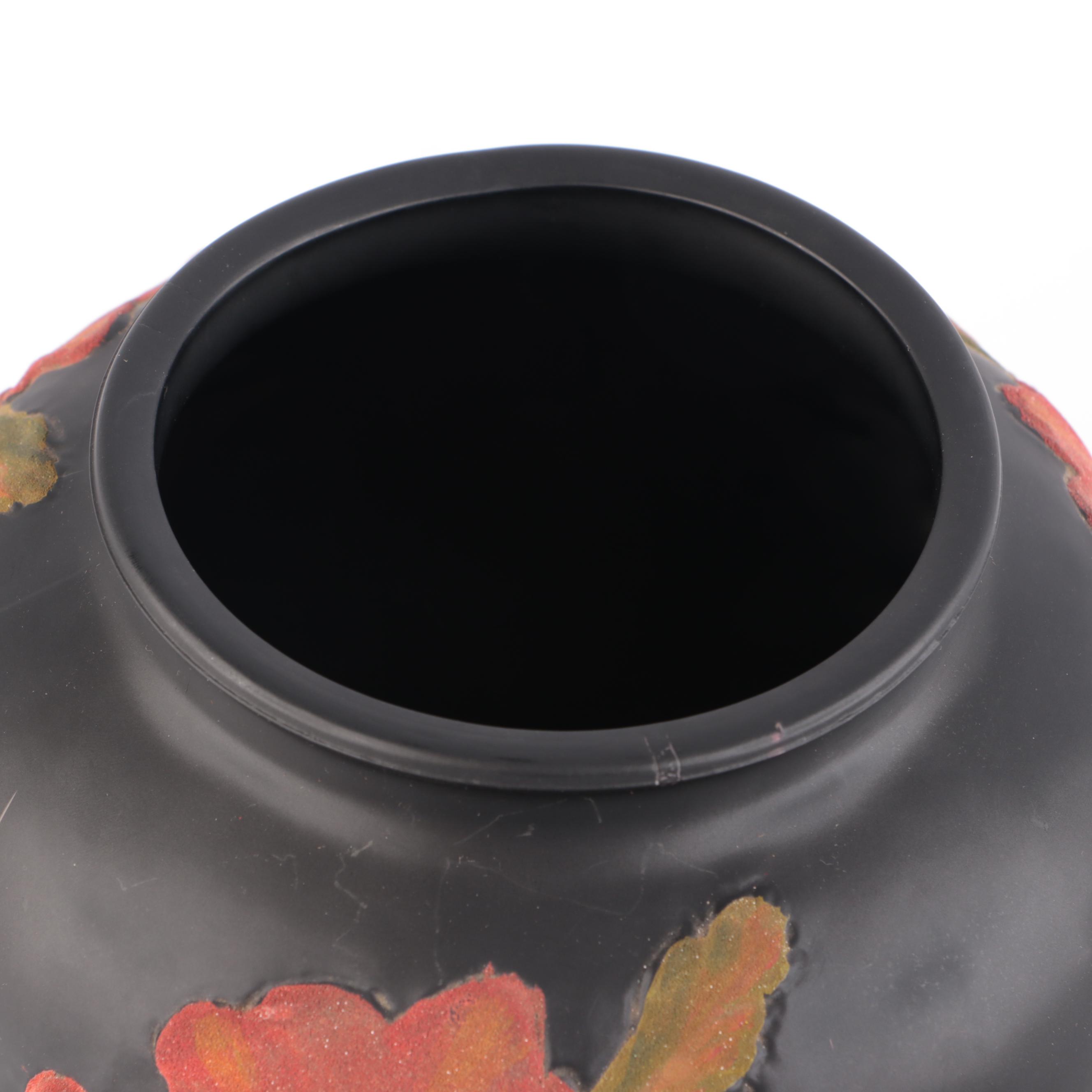 Tiffin Black Satin Coralene Poppy Glass Vase and Red Floral Lidded Bowl