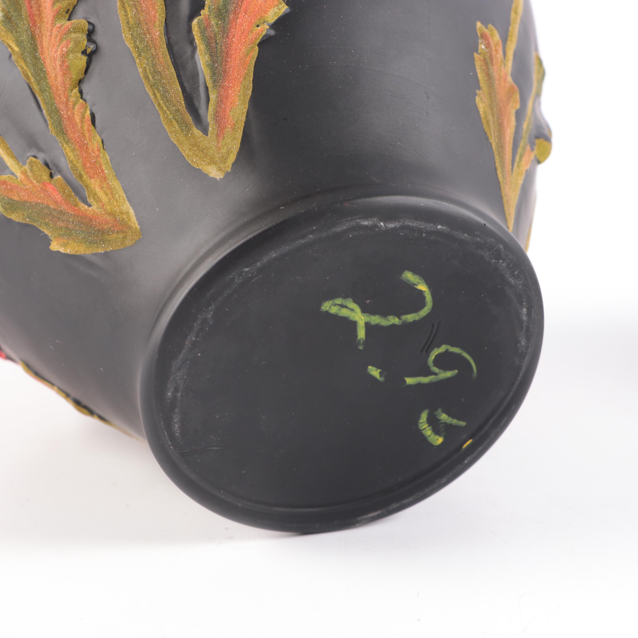 Tiffin Black Satin Coralene Poppy Glass Vase and Red Floral Lidded Bowl