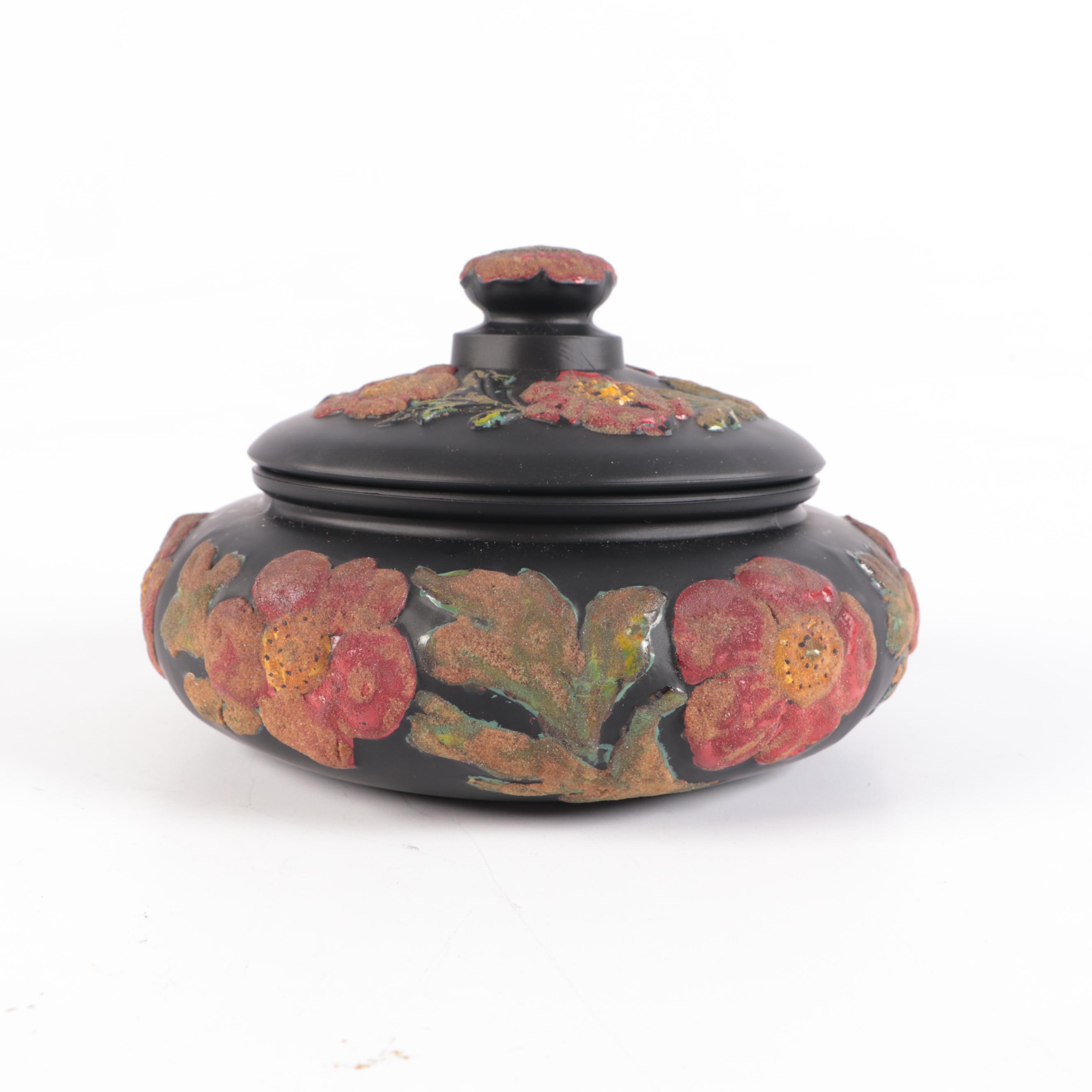 Tiffin Black Satin Coralene Poppy Glass Vase and Red Floral Lidded Bowl