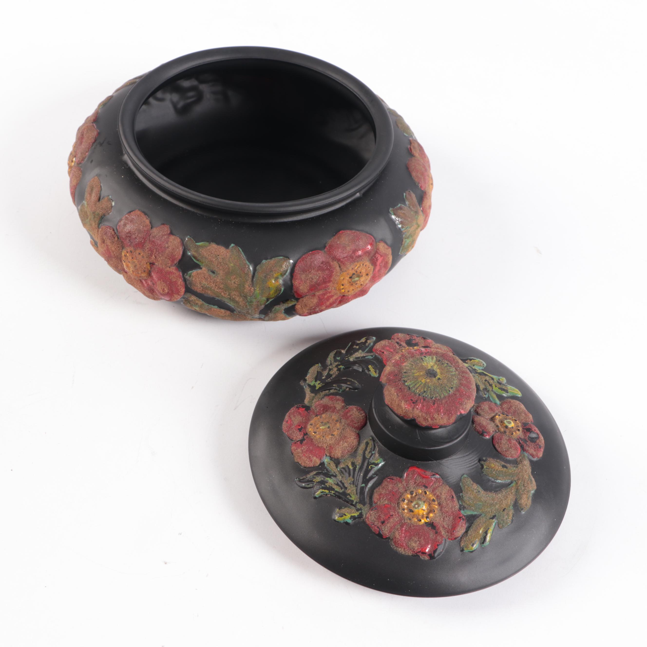 Tiffin Black Satin Coralene Poppy Glass Vase and Red Floral Lidded Bowl