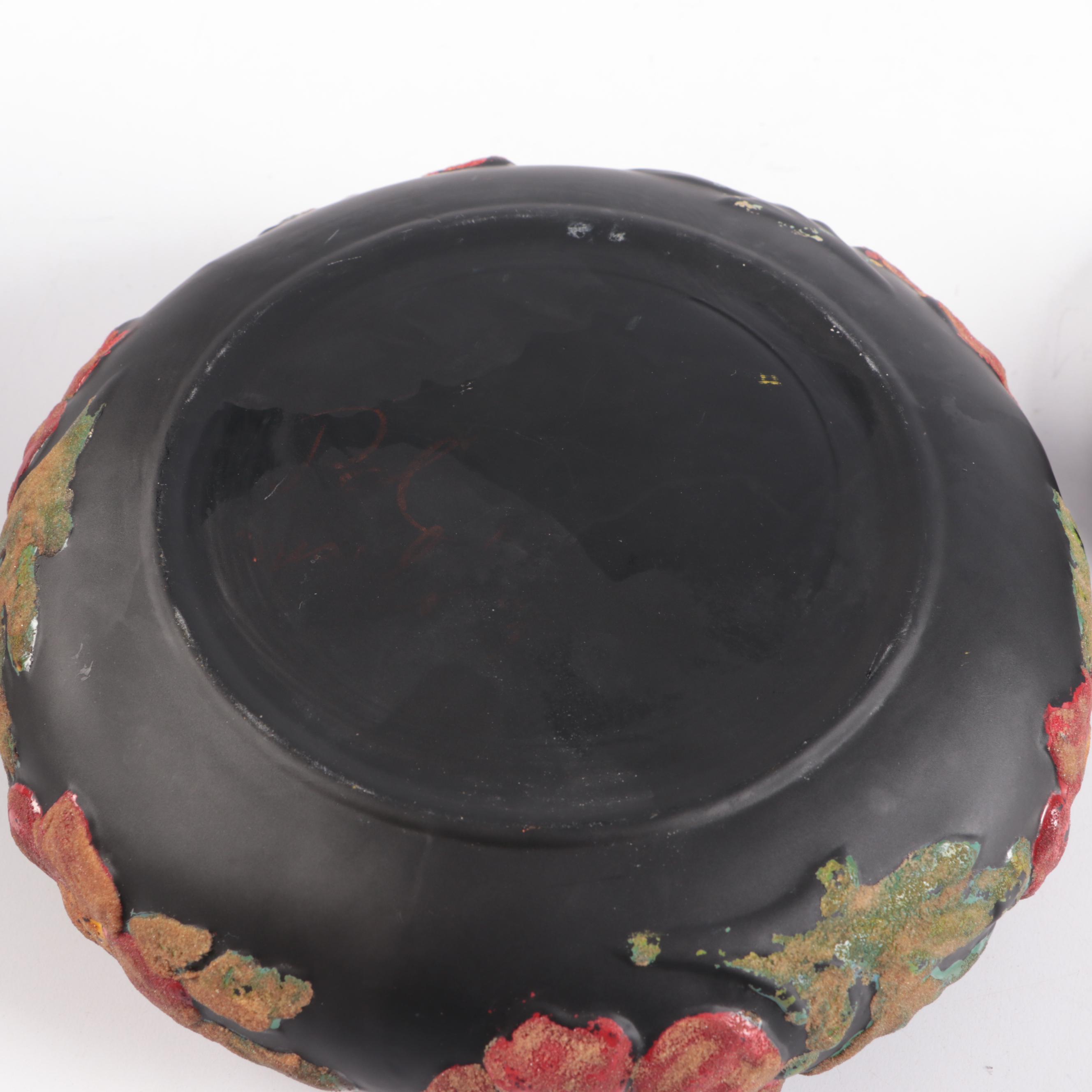 Tiffin Black Satin Coralene Poppy Glass Vase and Red Floral Lidded Bowl