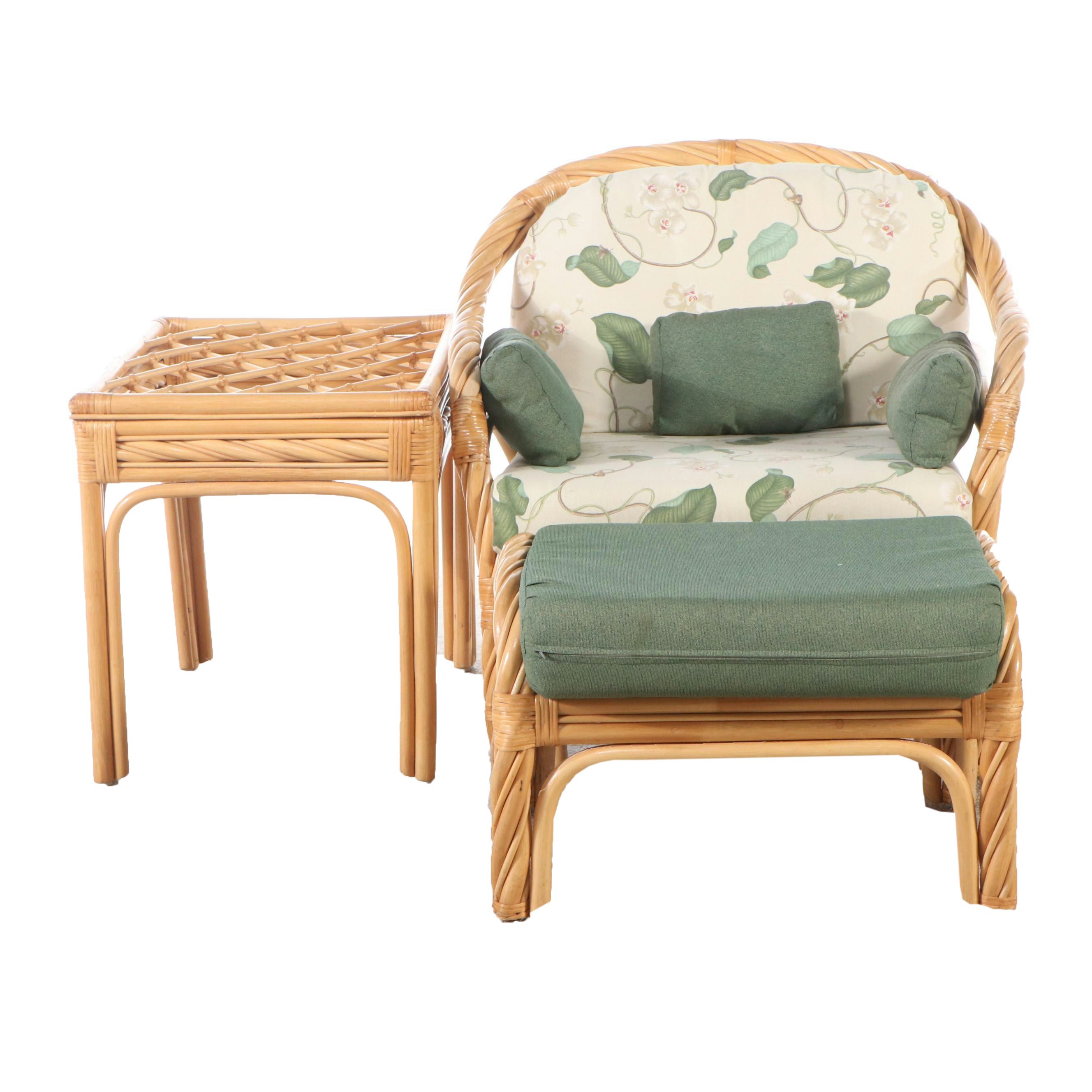 Rattan Bentwood Armchair with Ottoman, Accent Table & Cushions