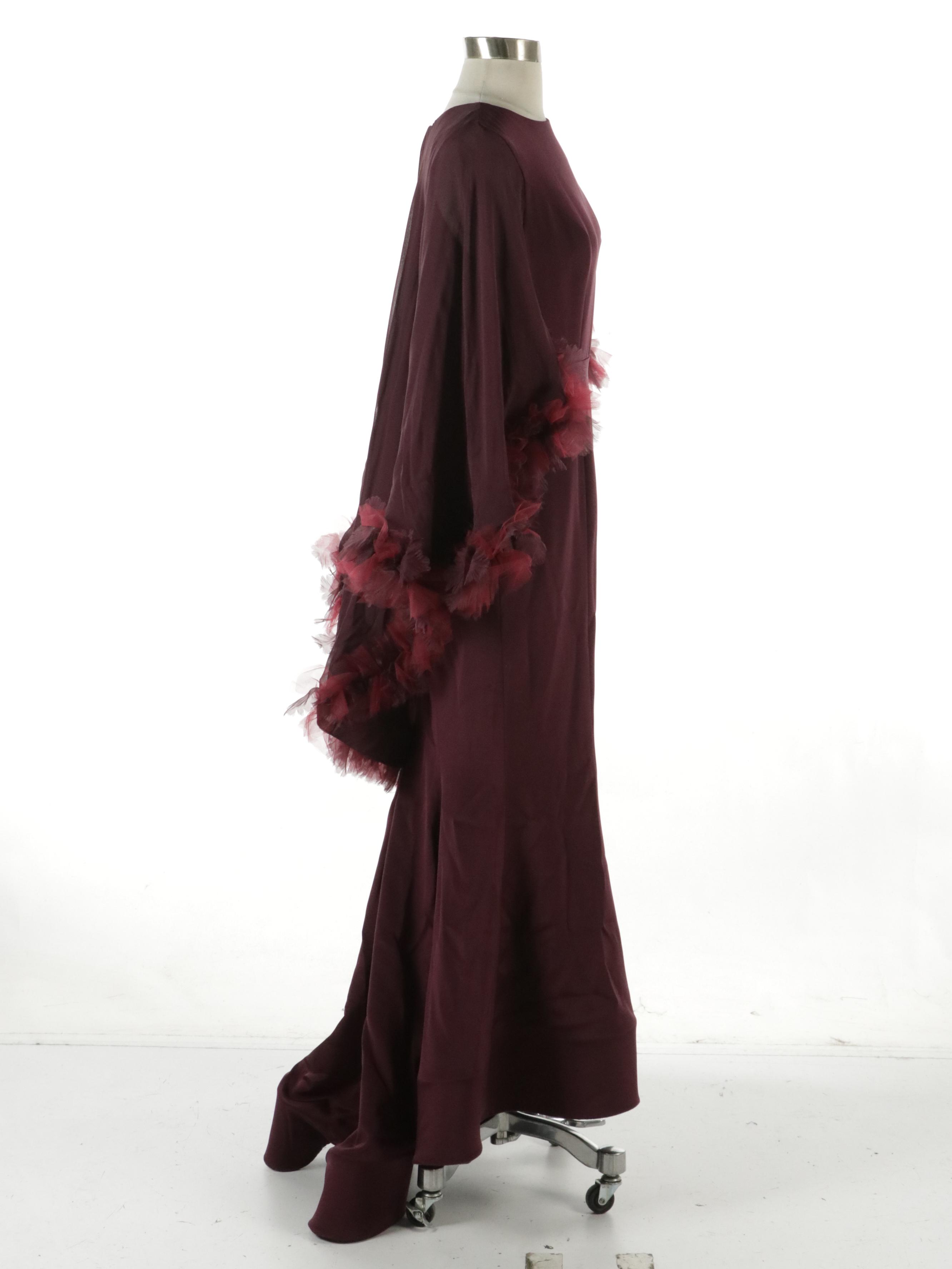 Christian Siriano Ruffled Cape Sleeve Gown in Burgundy Silk