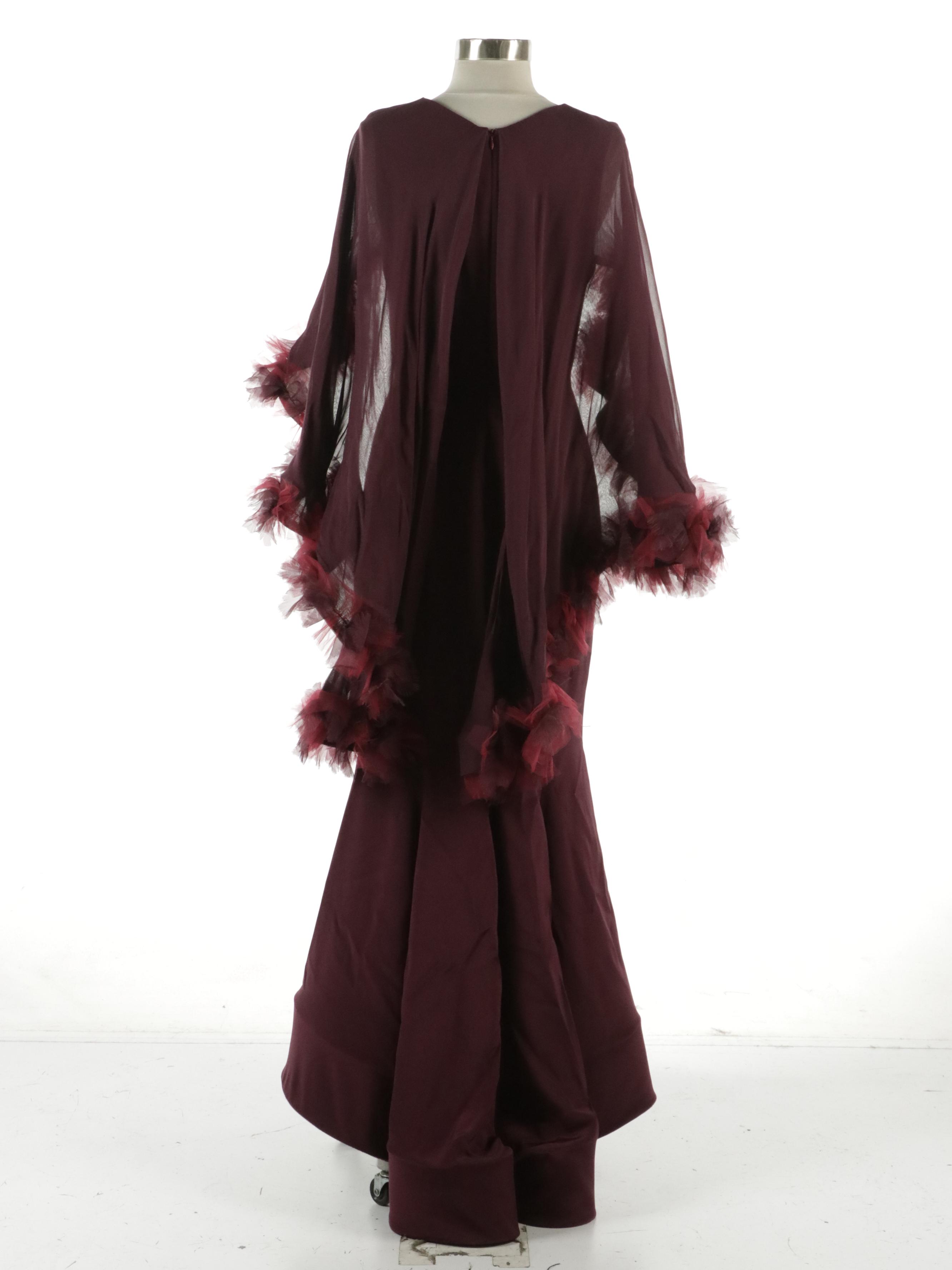 Christian Siriano Ruffled Cape Sleeve Gown in Burgundy Silk