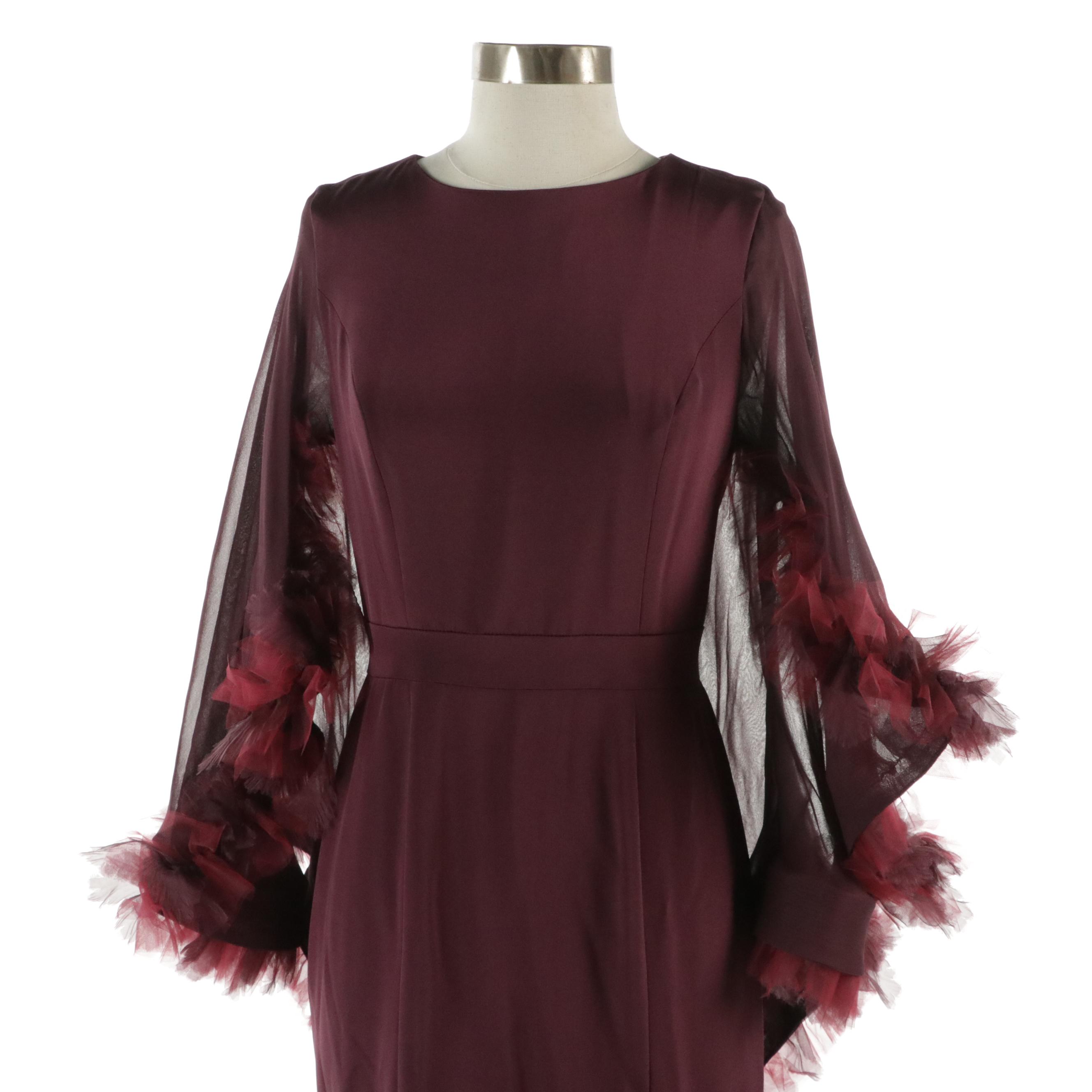 Christian Siriano Ruffled Cape Sleeve Gown in Burgundy Silk