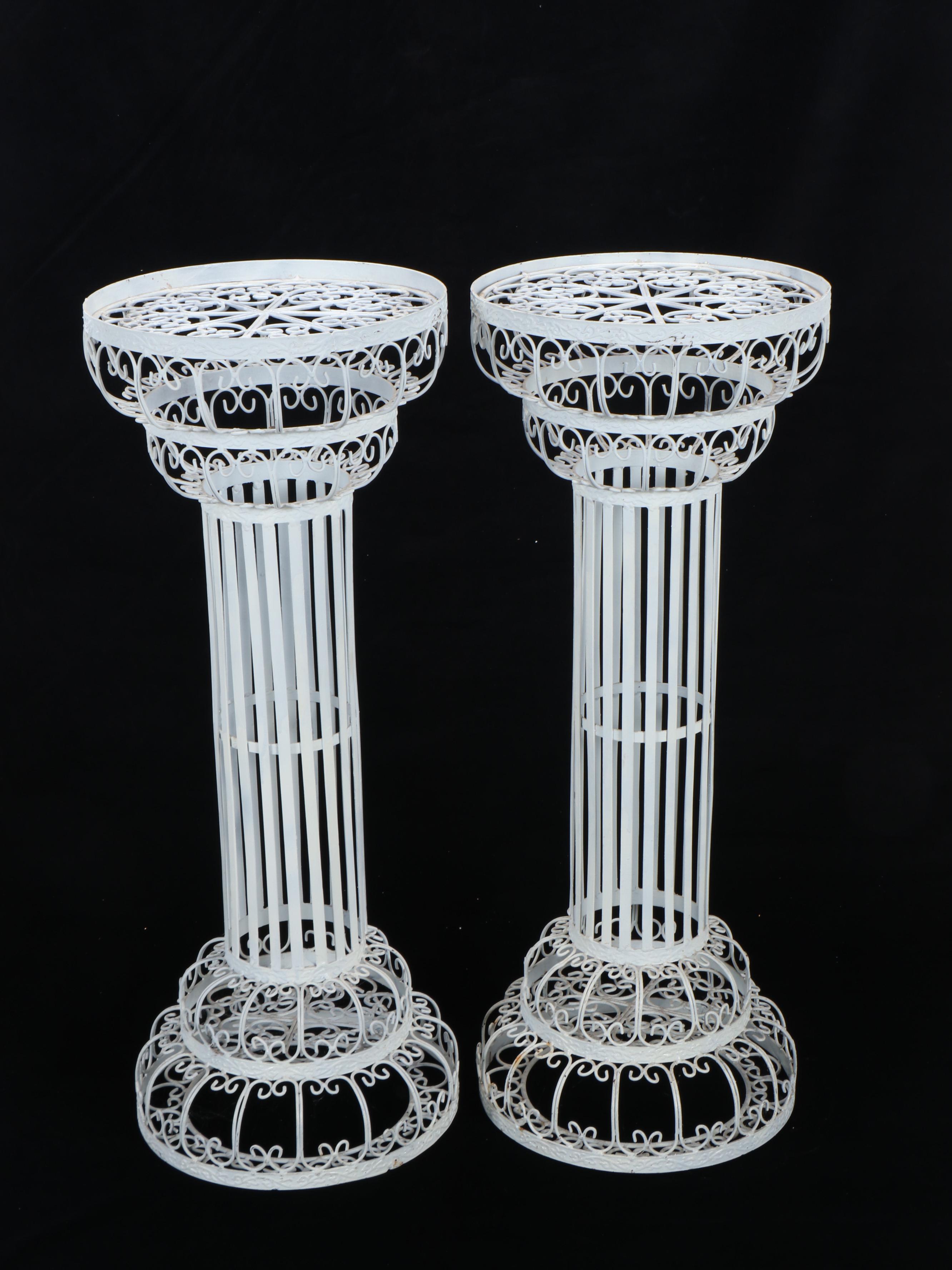 Pair of Wrought Metal Plant Stands with Hand-Painted Figural Cat Watering Can